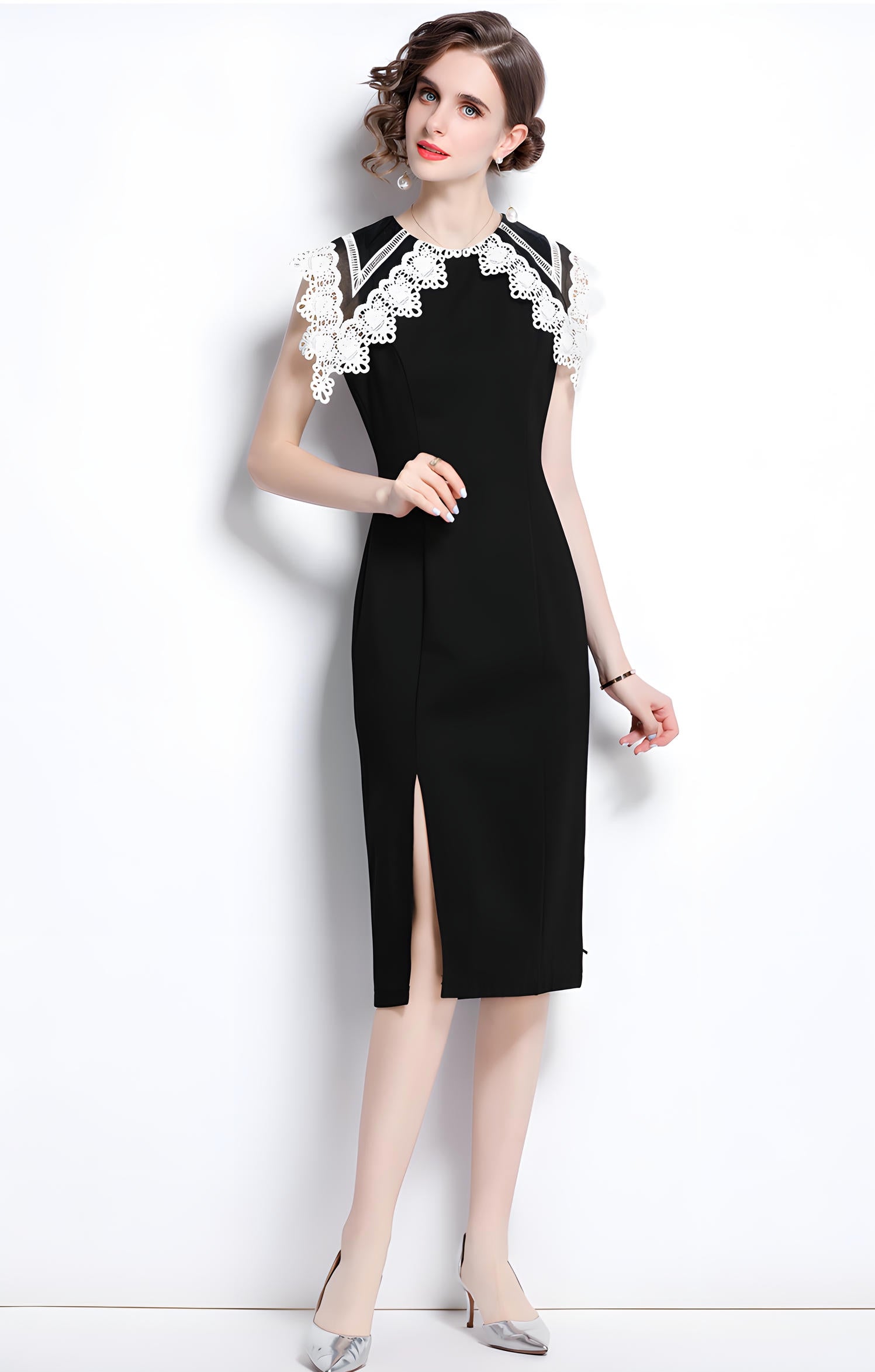 Wide Flat-Laid Lace Collar Side Slit Black Body-fit Dress - 651049292414_BAS