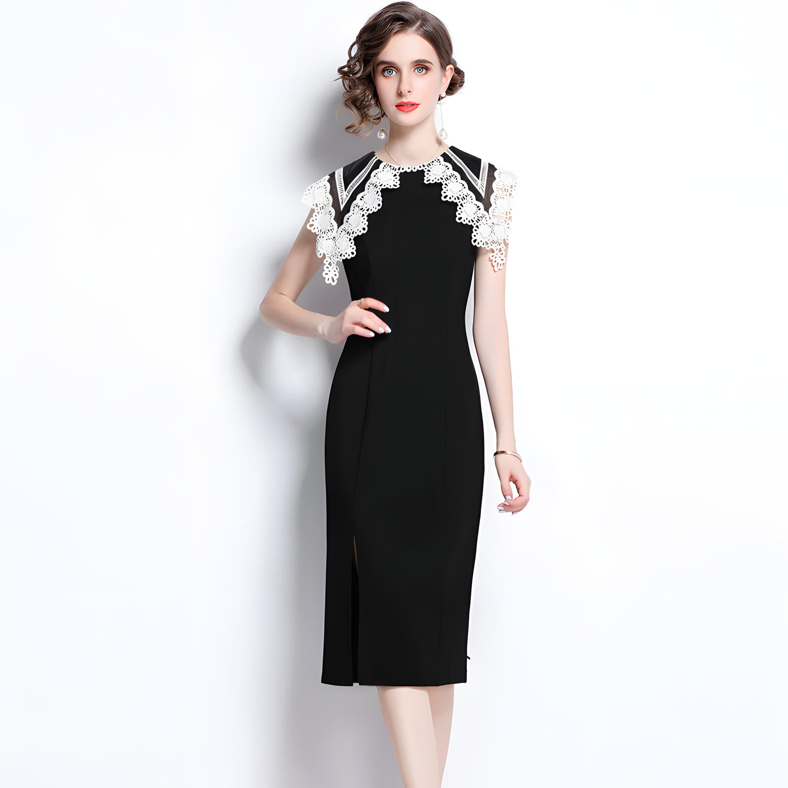 Wide Flat-Laid Lace Collar Side Slit Black Body-fit Dress - 651049292414_BAS