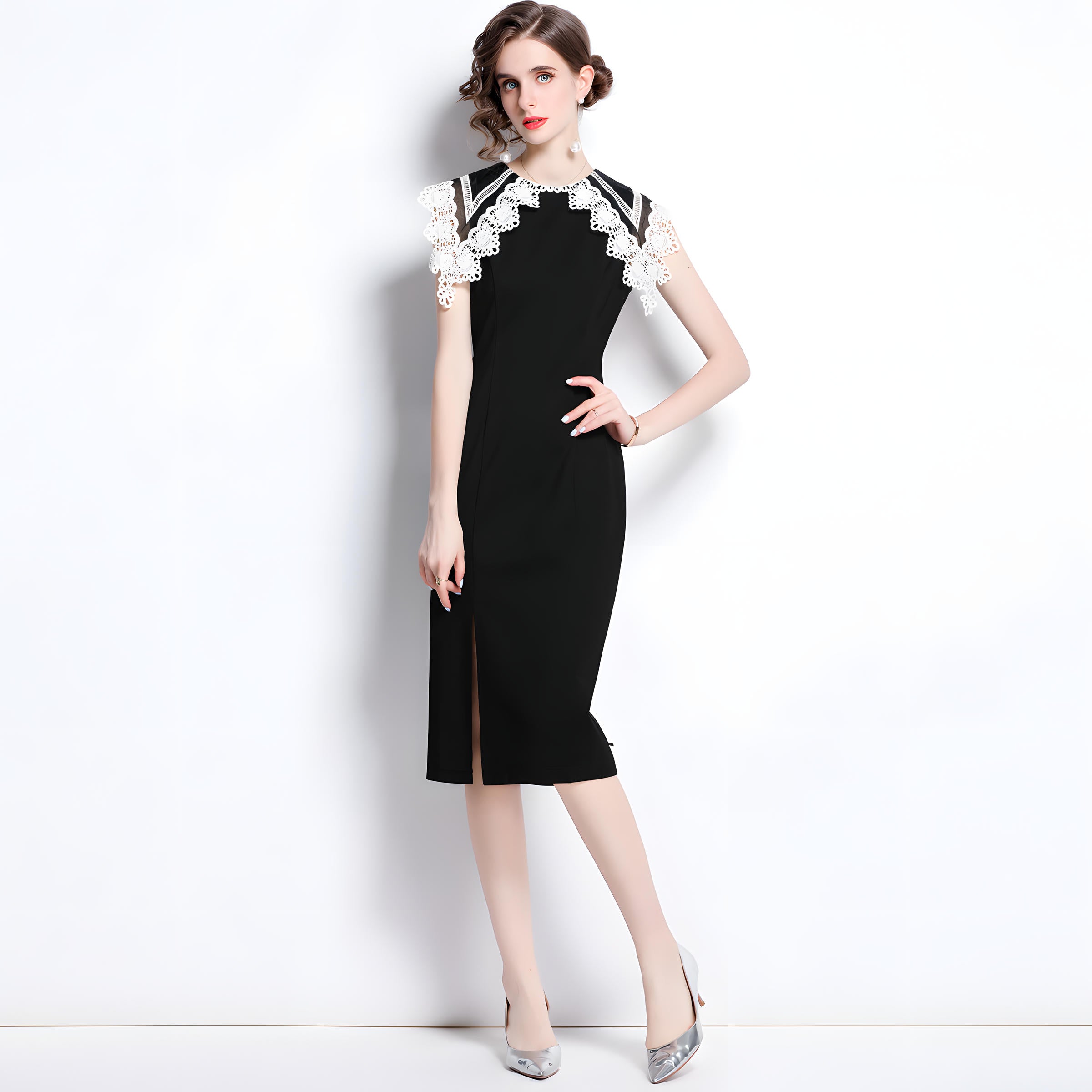 Wide Flat-Laid Lace Collar Side Slit Black Body-fit Dress - 651049292414_BAS