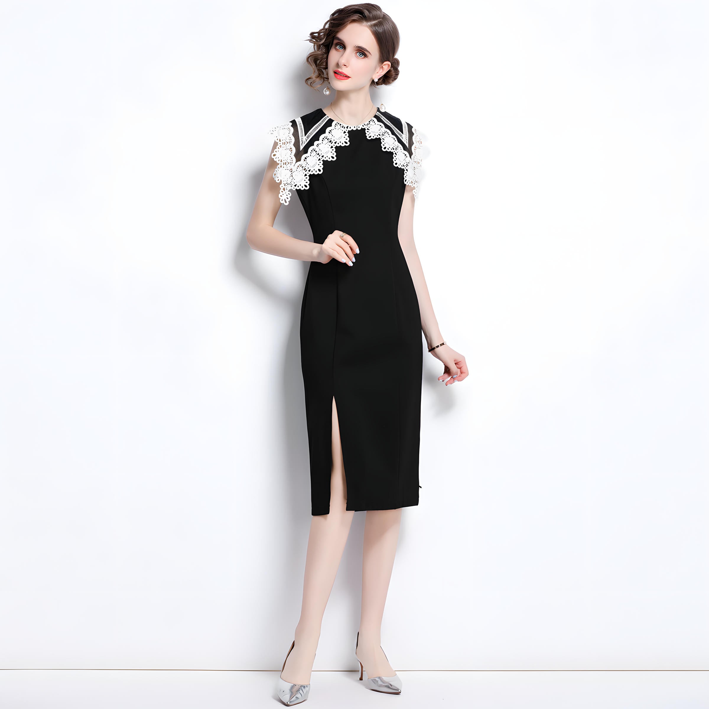 Wide Flat-Laid Lace Collar Side Slit Black Body-fit Dress - 651049292414_BAS