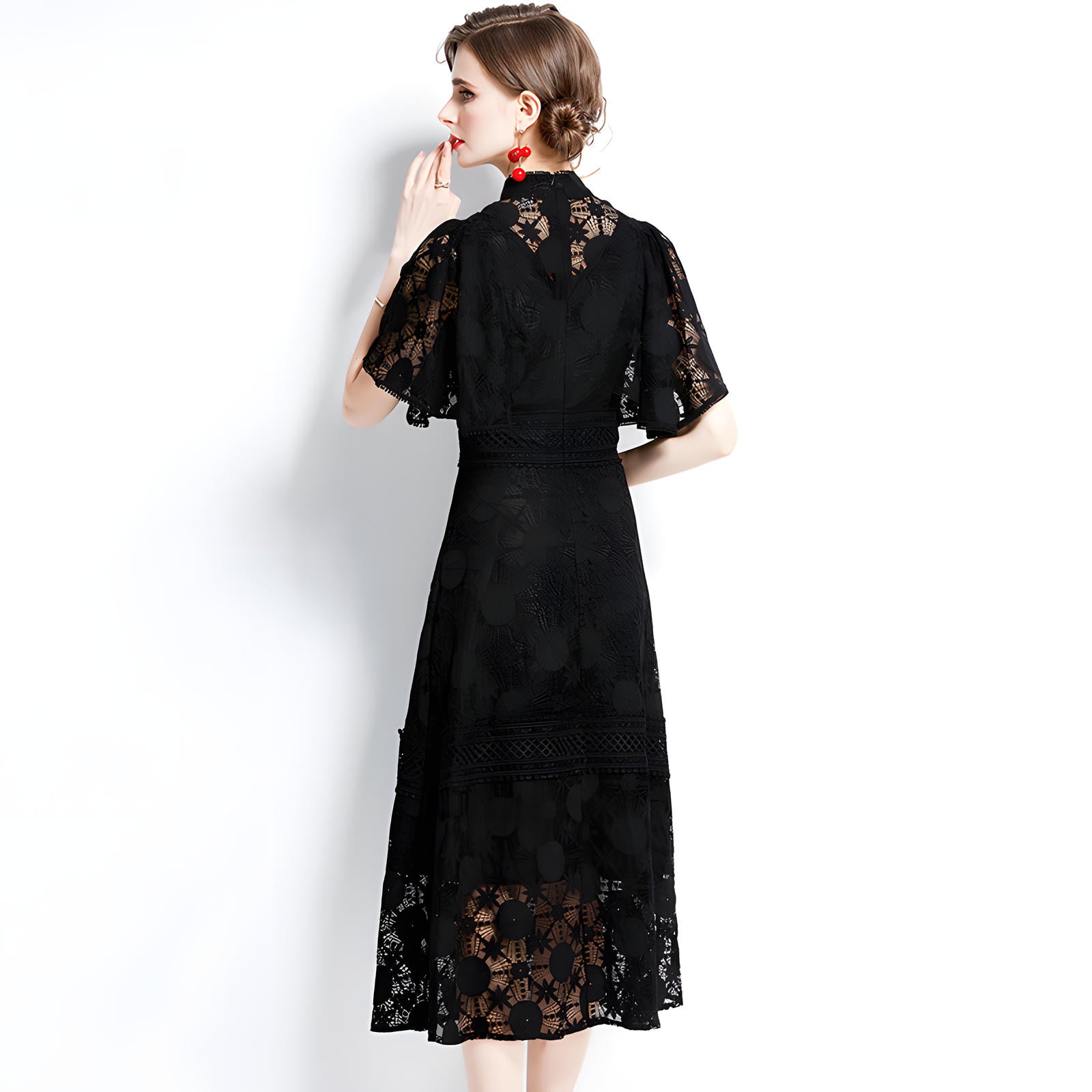 High Neck Black Dress with Luxury French Lace and Butterfly Sleeves - 651479843148_BAS