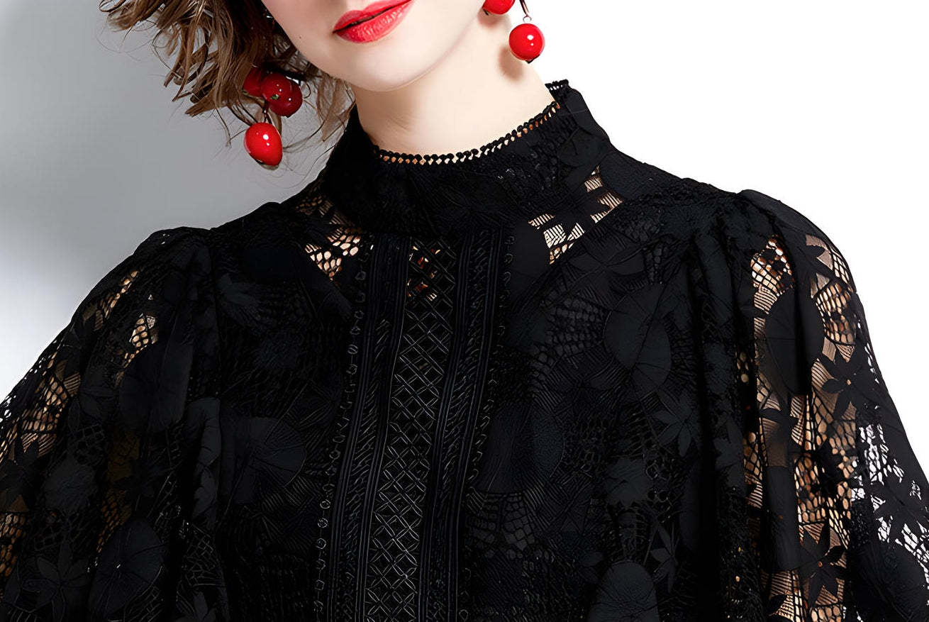 High Neck Black Dress with Luxury French Lace and Butterfly Sleeves - 651479843148_BAS
