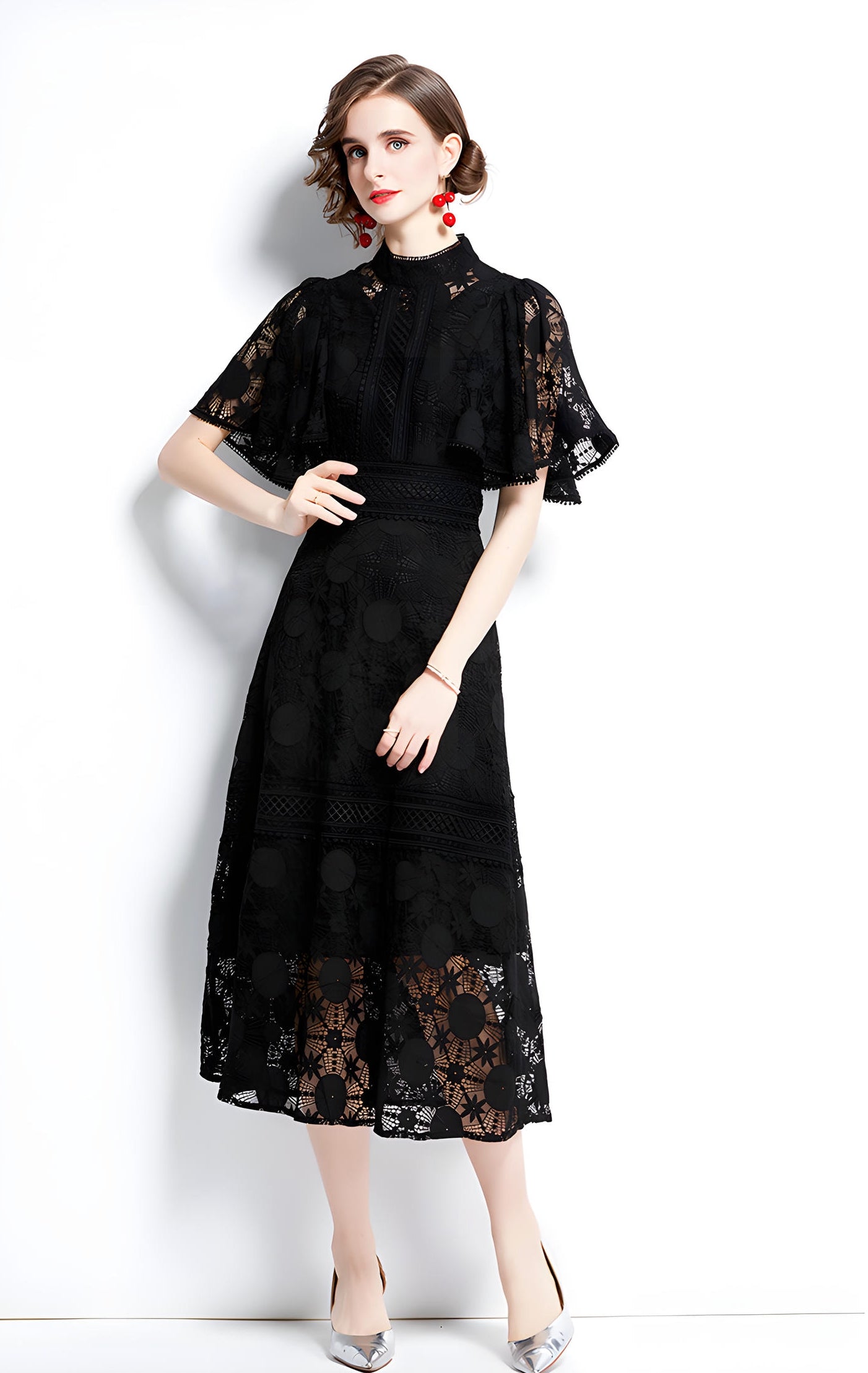 High Neck Black Dress with Luxury French Lace and Butterfly Sleeves - 651479843148_BAS