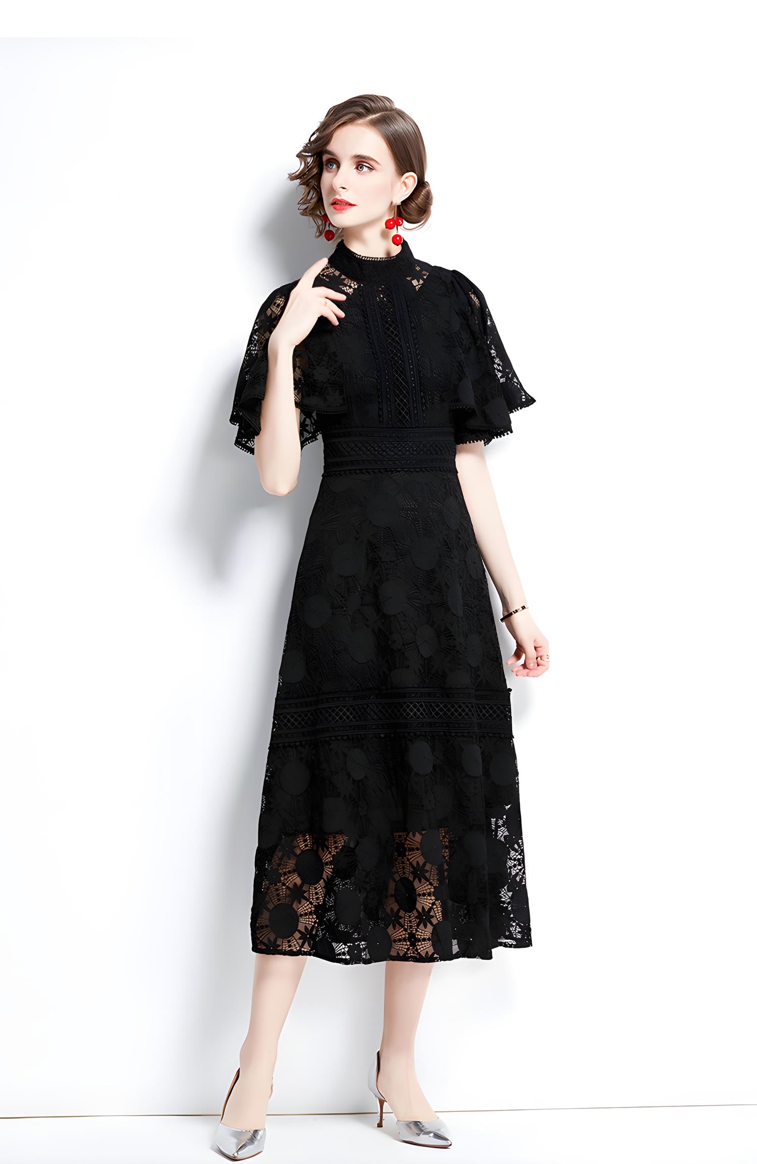 High Neck Black Dress with Luxury French Lace and Butterfly Sleeves - 651479843148_BAS