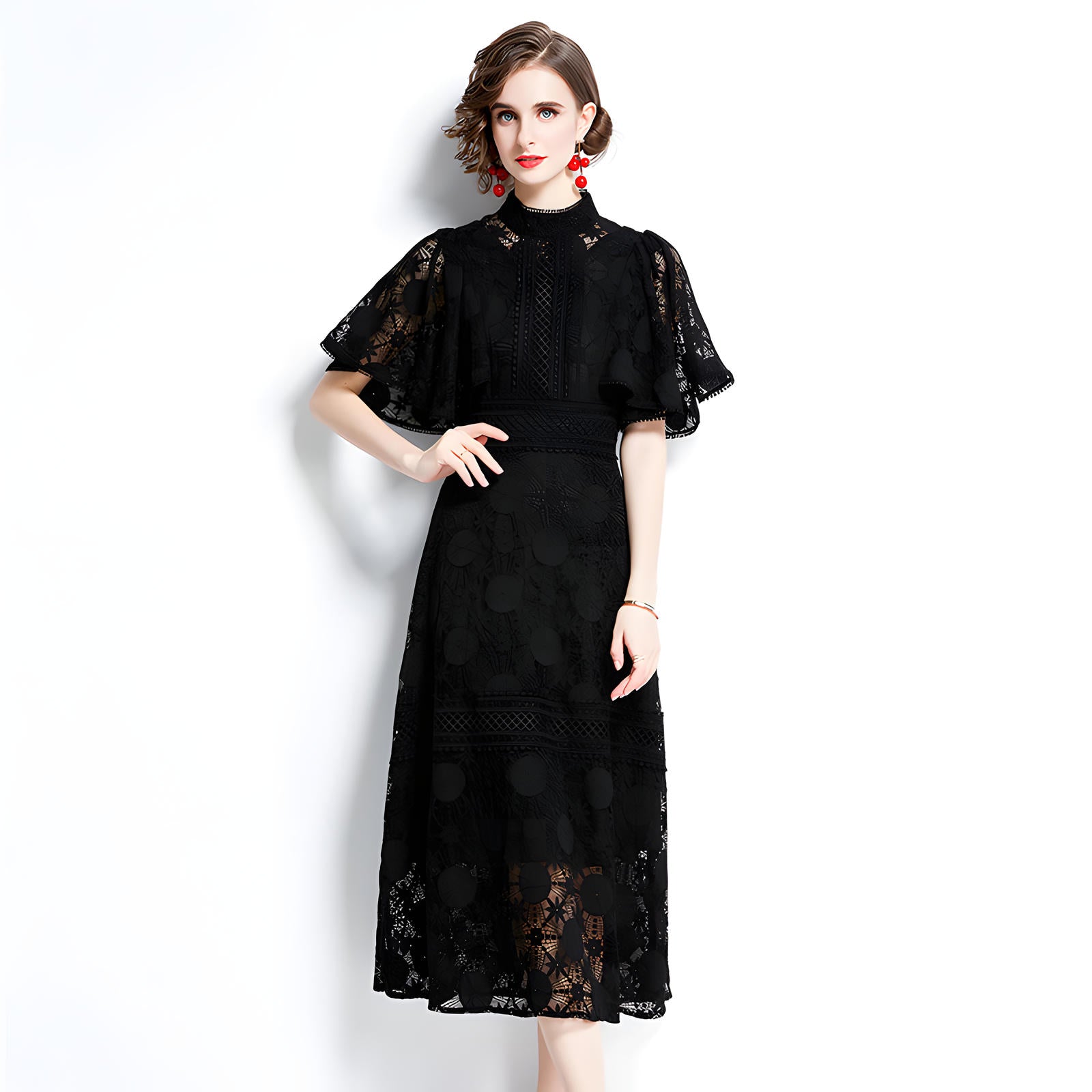 High Neck Black Dress with Luxury French Lace and Butterfly Sleeves - 651479843148_BAS