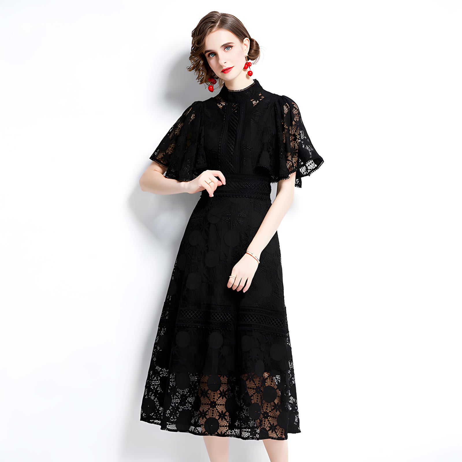 High Neck Black Dress with Luxury French Lace and Butterfly Sleeves - 651479843148_BAS