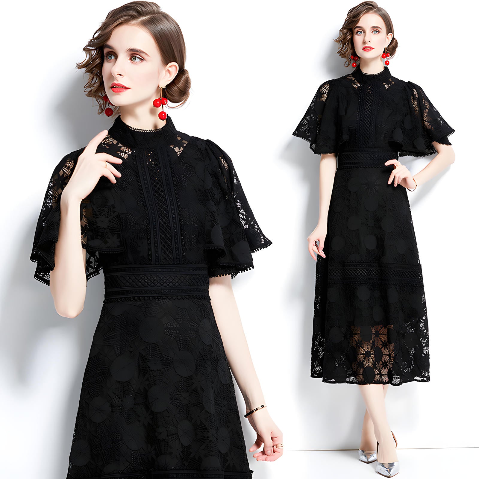 High Neck Black Dress with Luxury French Lace and Butterfly Sleeves - 651479843148_BAS