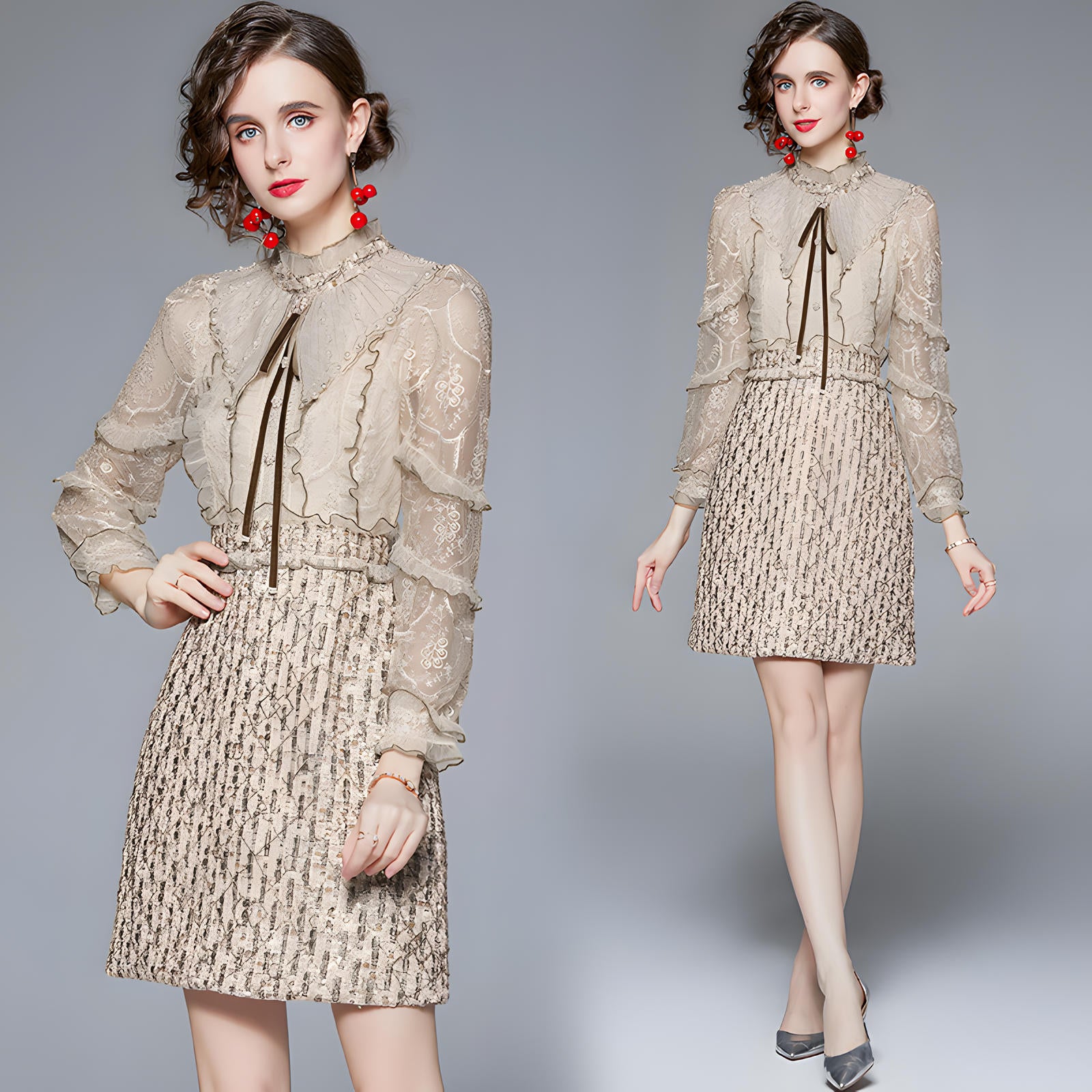 French Bowtie Pearl Detail Warm Ivory Embroidered Mesh Vest Tweed Short Skirt Dress - 657480183273_BAS