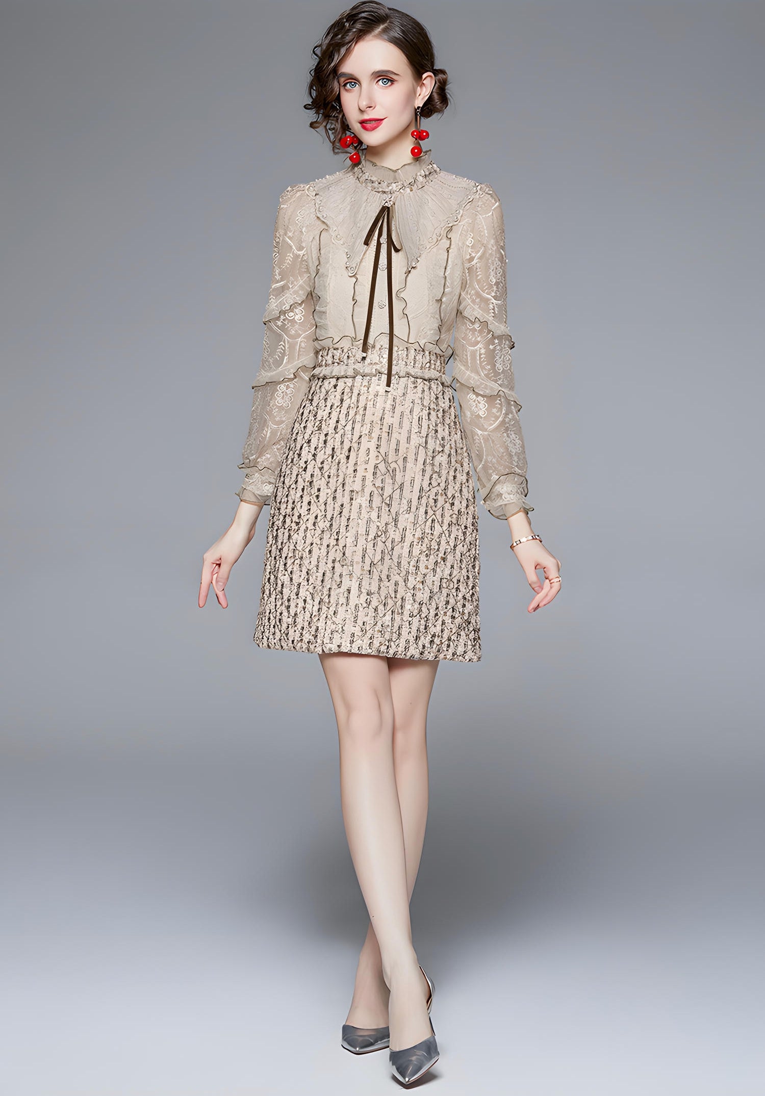 French Bowtie Pearl Detail Warm Ivory Embroidered Mesh Vest Tweed Short Skirt Dress - 657480183273_BAS