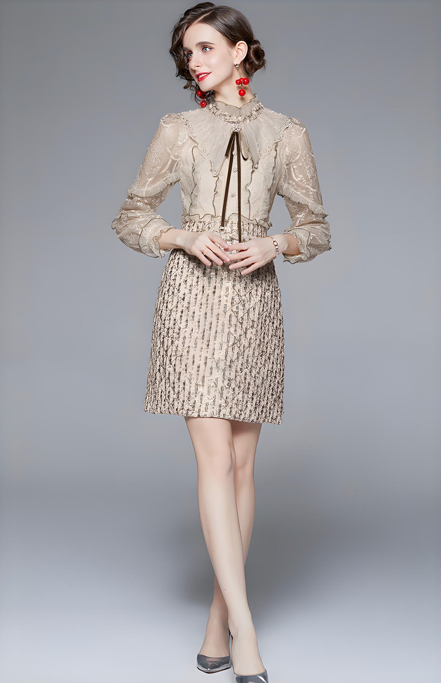 French Bowtie Pearl Detail Warm Ivory Embroidered Mesh Vest Tweed Short Skirt Dress - 657480183273_BAS