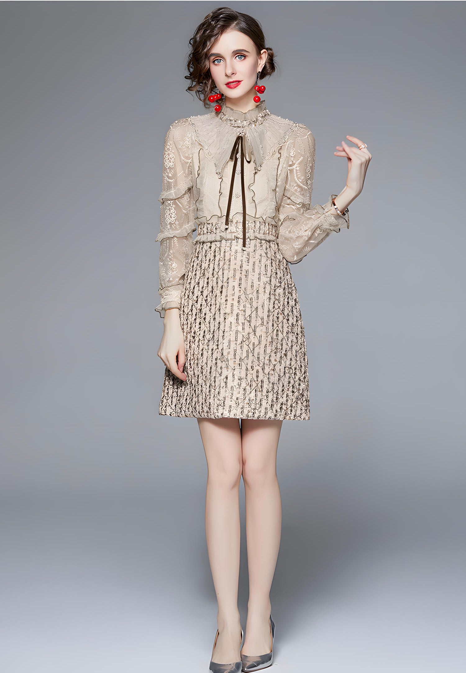 French Bowtie Pearl Detail Warm Ivory Embroidered Mesh Vest Tweed Short Skirt Dress - 657480183273_BAS