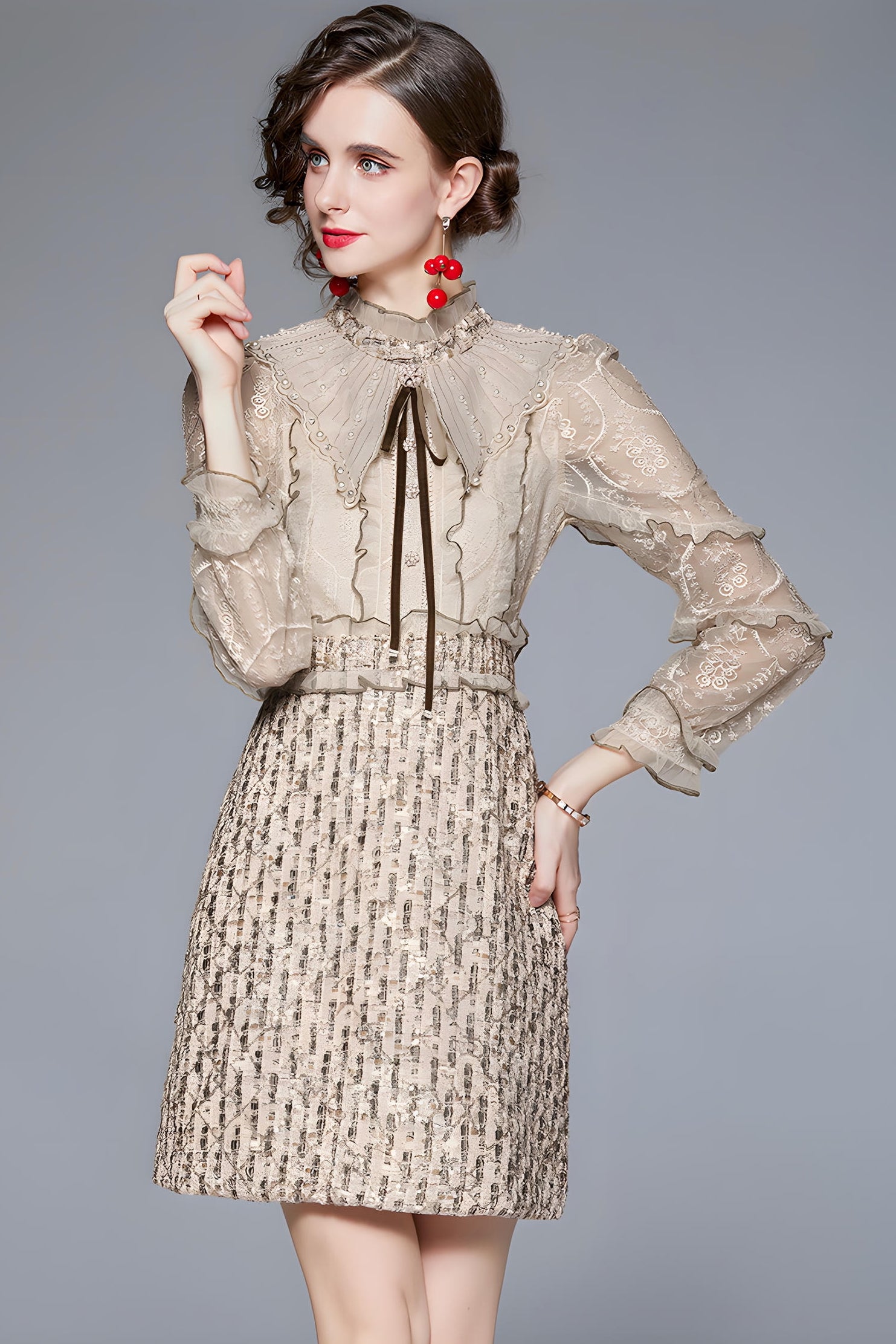 French Bowtie Pearl Detail Warm Ivory Embroidered Mesh Vest Tweed Short Skirt Dress - 657480183273_BAS