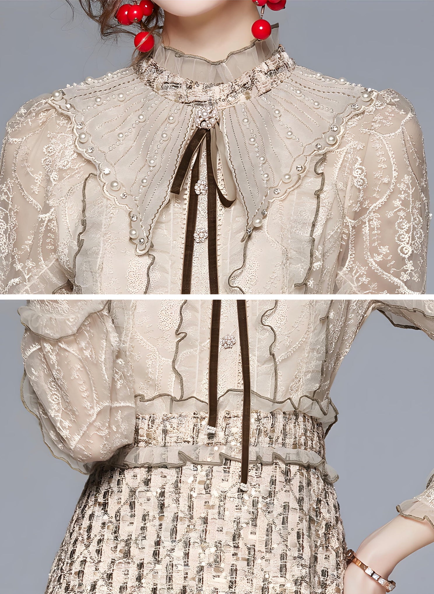 French Bowtie Pearl Detail Warm Ivory Embroidered Mesh Vest Tweed Short Skirt Dress - 657480183273_BAS