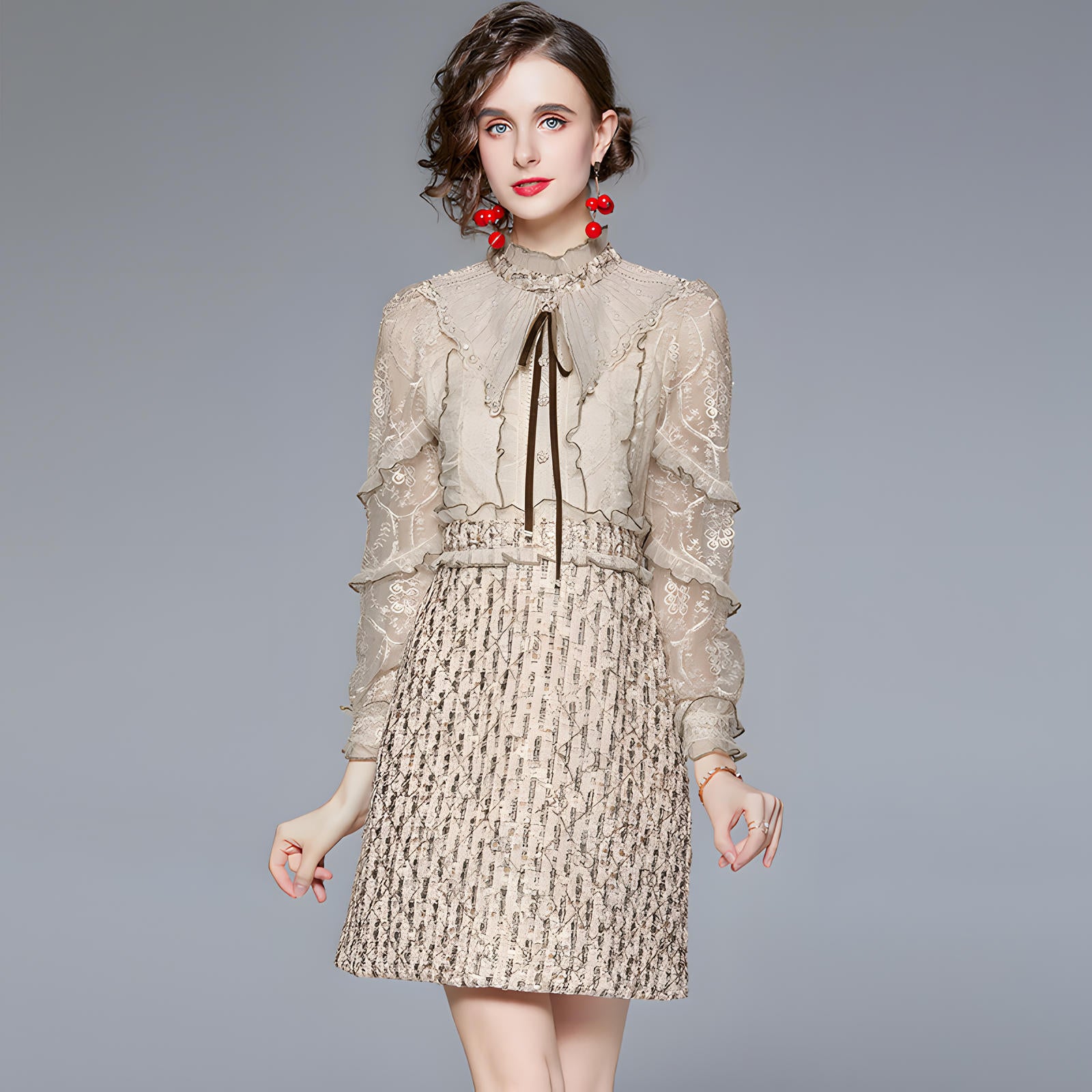 French Bowtie Pearl Detail Warm Ivory Embroidered Mesh Vest Tweed Short Skirt Dress - 657480183273_BAS