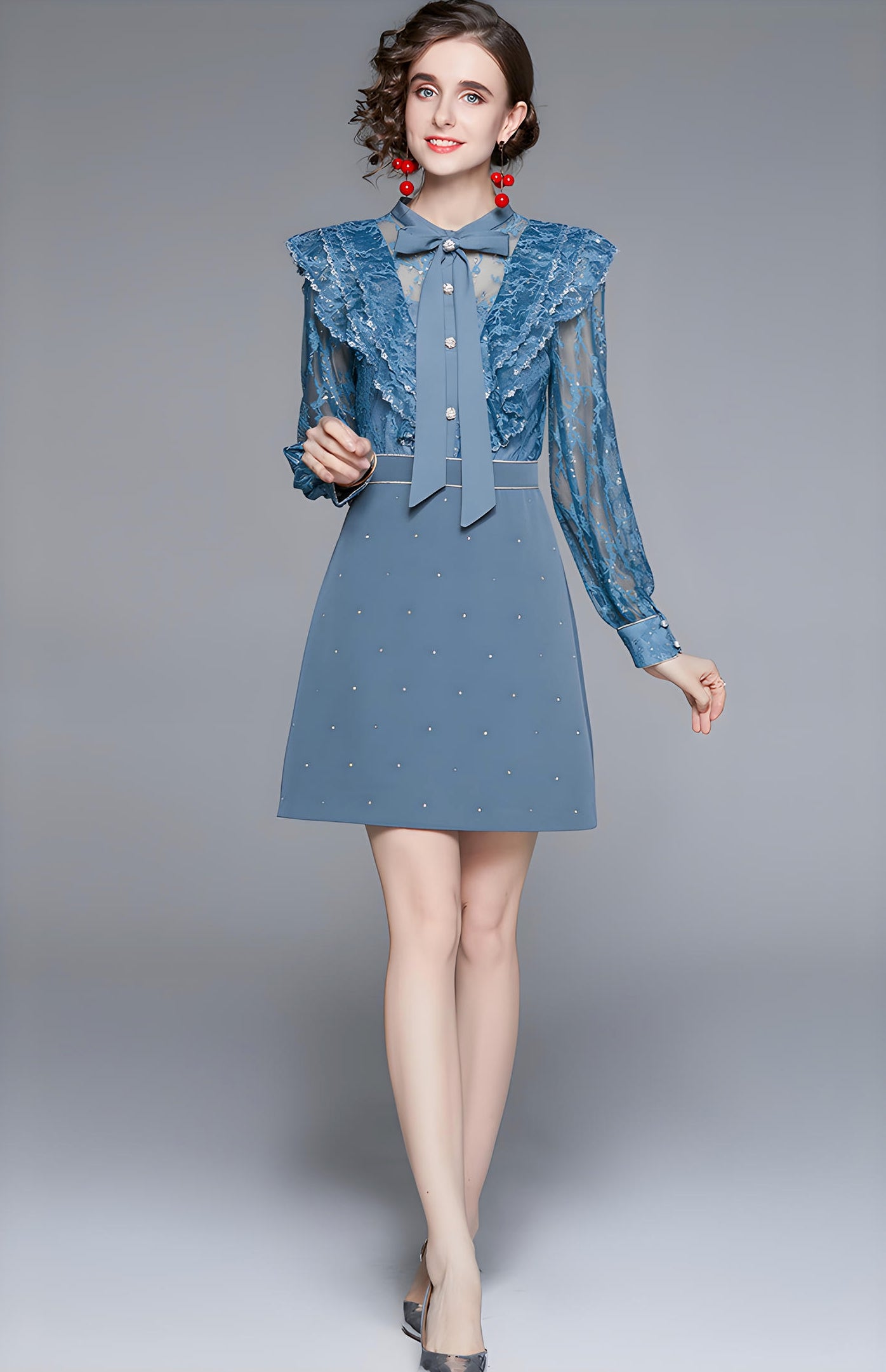 Embroidered Mesh Cuff Sleeve Dress with Ruffled Vest and Embellished Skirt - 666342702623_BAS (EOSS)