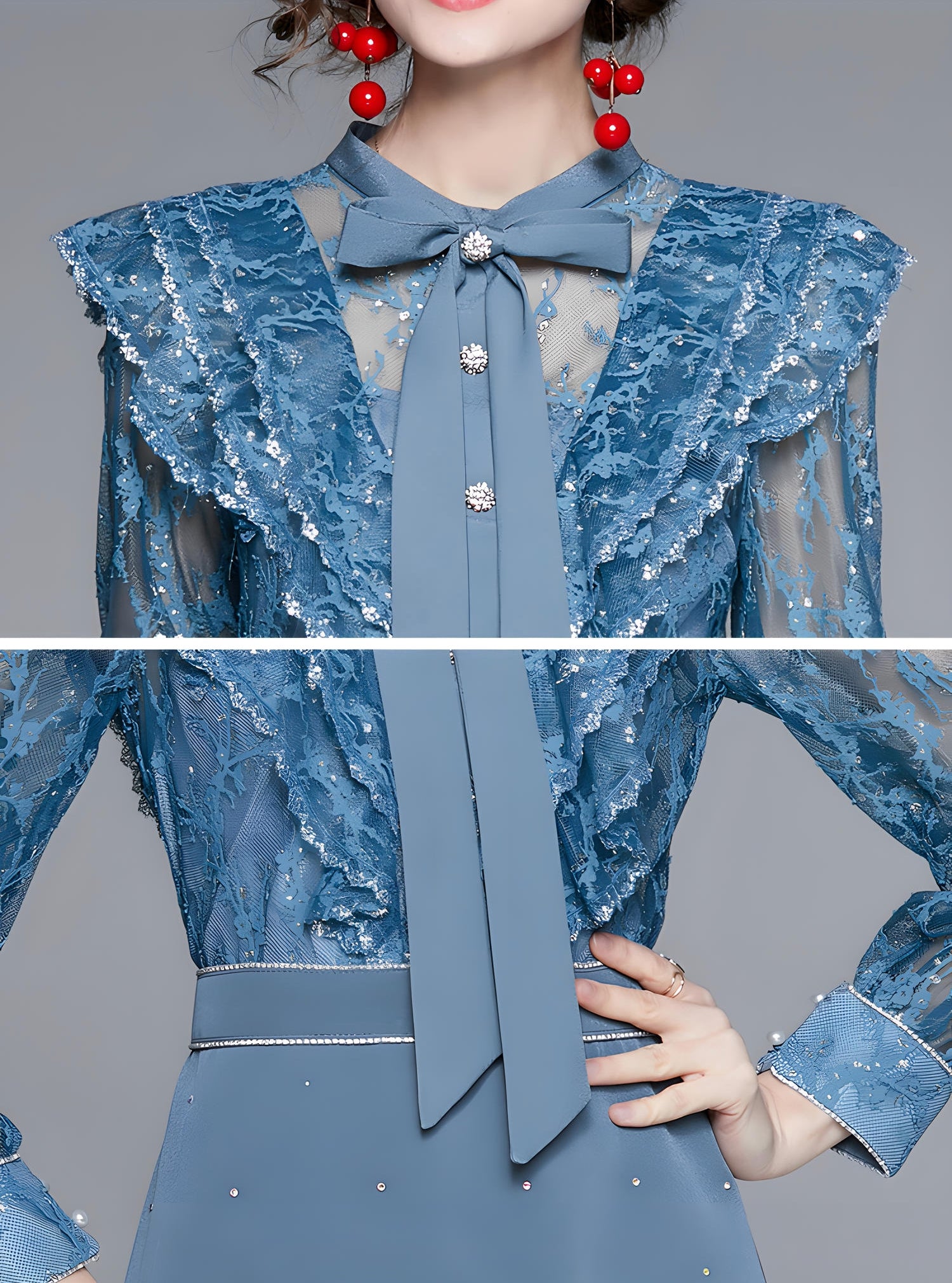 Embroidered Mesh Cuff Sleeve Dress with Ruffled Vest and Embellished Skirt - 666342702623_BAS (EOSS)