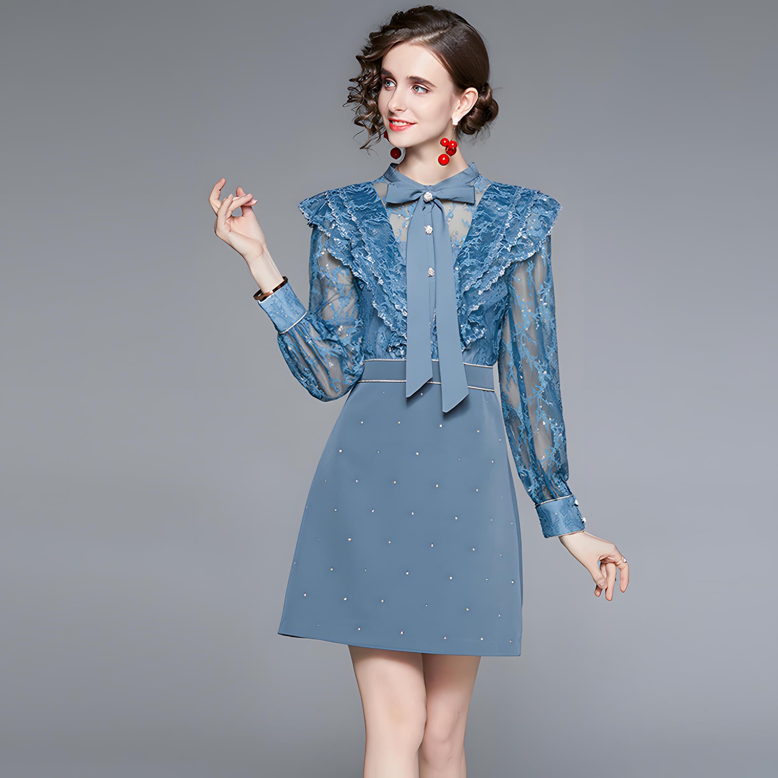 Embroidered Mesh Cuff Sleeve Dress with Ruffled Vest and Embellished Skirt - 666342702623_BAS (EOSS)