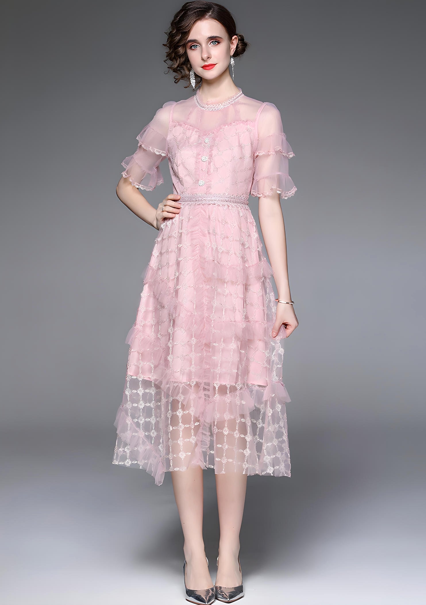 Embroidered Mesh Jewel Embellished Waistline and Neckline Pink Dress - 677222797190_BAS