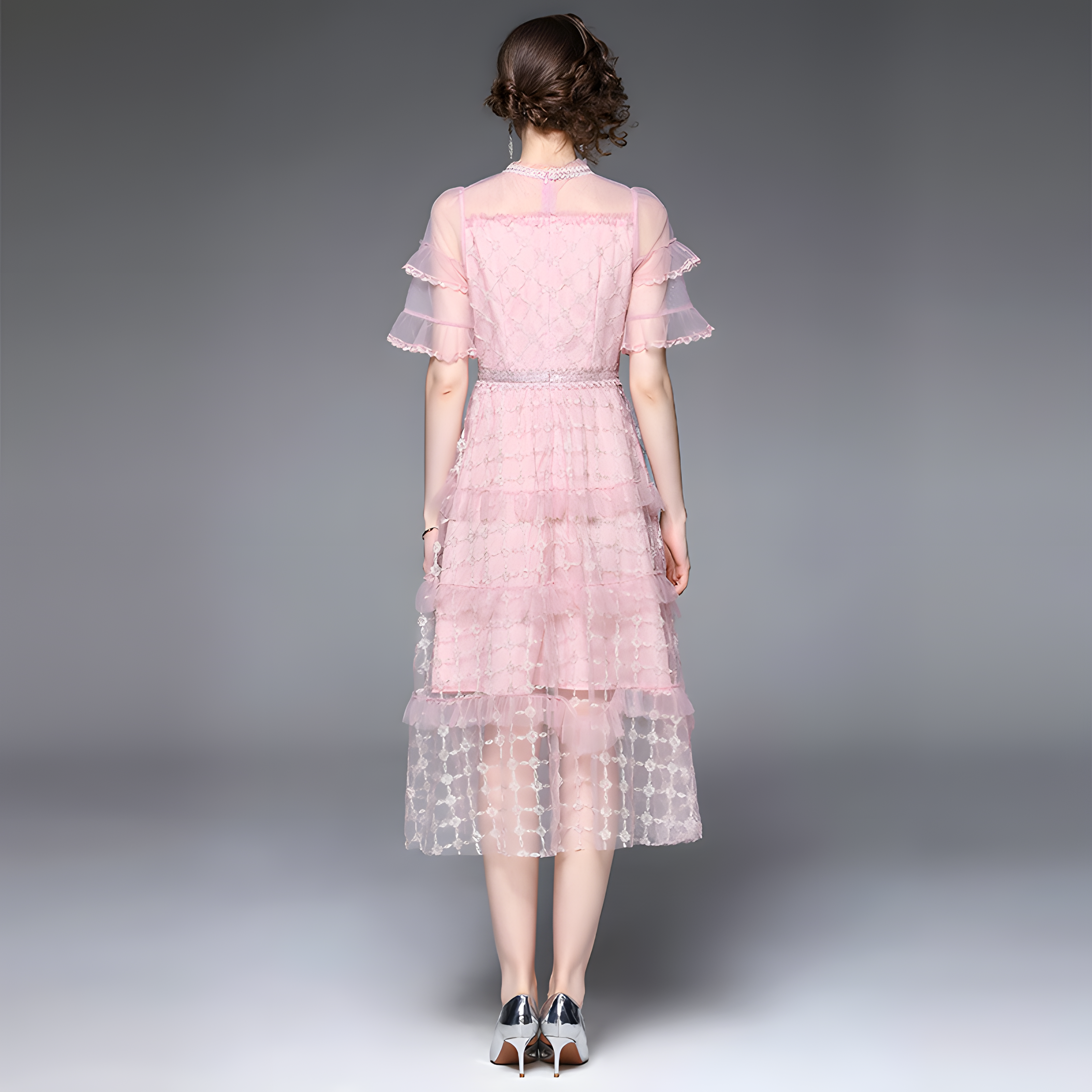 Embroidered Mesh Jewel Embellished Waistline and Neckline Pink Dress - 677222797190_BAS