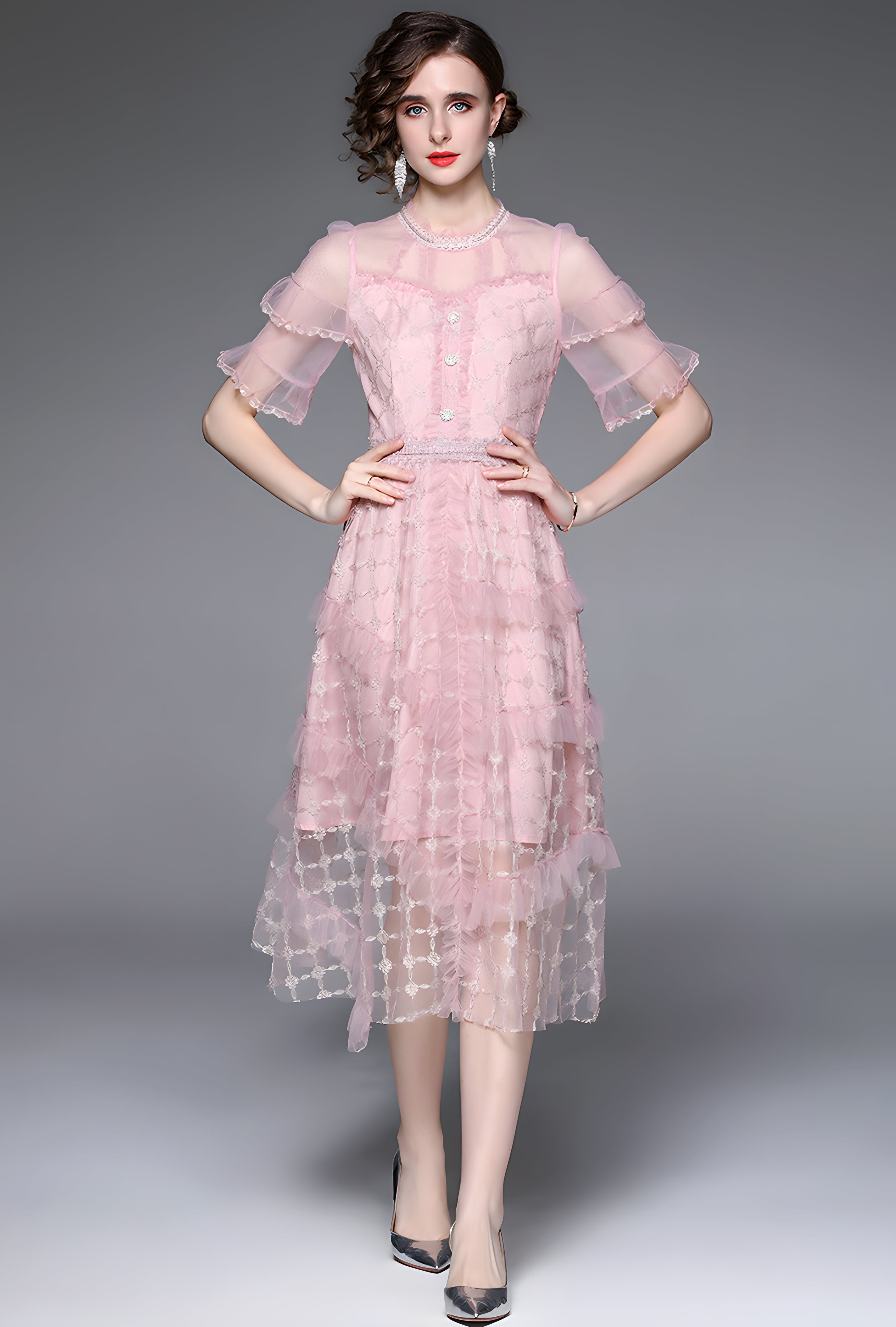 Embroidered Mesh Jewel Embellished Waistline and Neckline Pink Dress - 677222797190_BAS