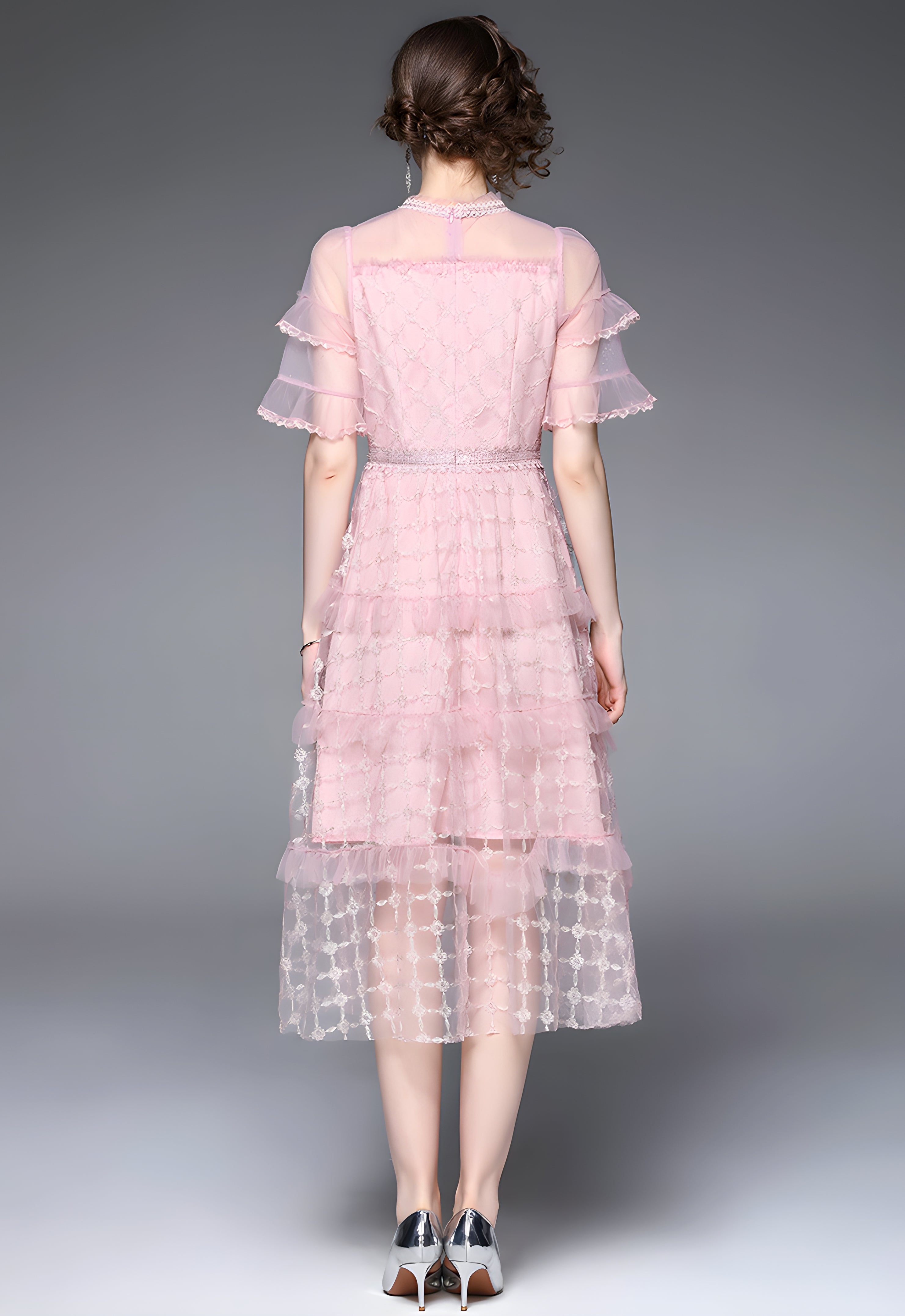 Embroidered Mesh Jewel Embellished Waistline and Neckline Pink Dress - 677222797190_BAS