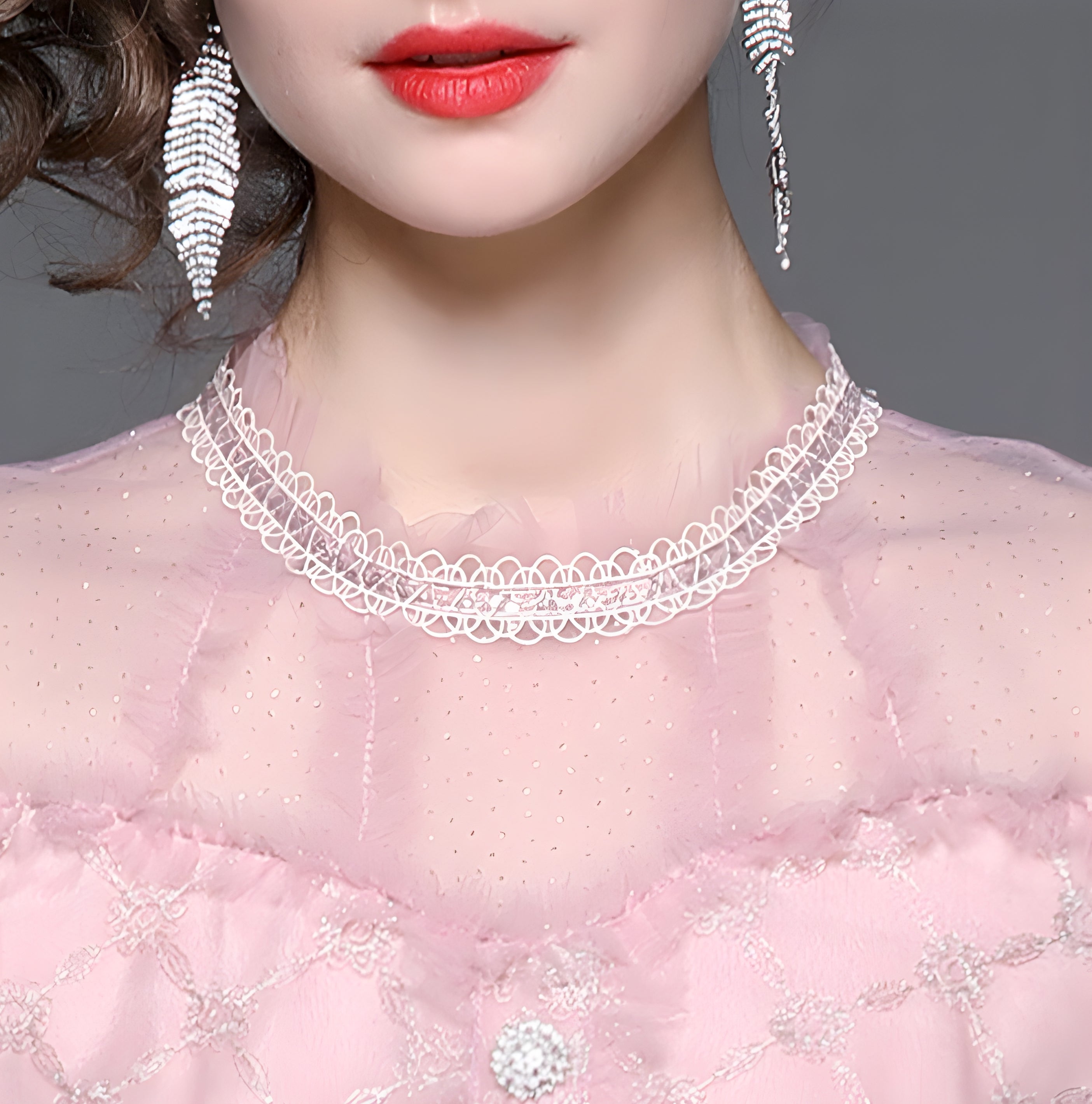 Embroidered Mesh Jewel Embellished Waistline and Neckline Pink Dress - 677222797190_BAS