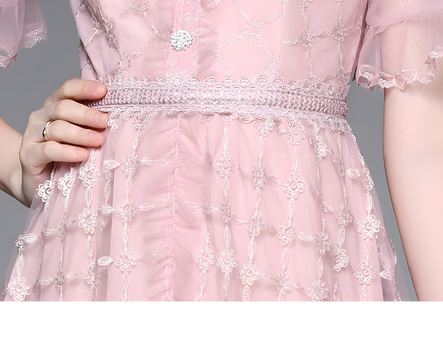 Embroidered Mesh Jewel Embellished Waistline and Neckline Pink Dress - 677222797190_BAS