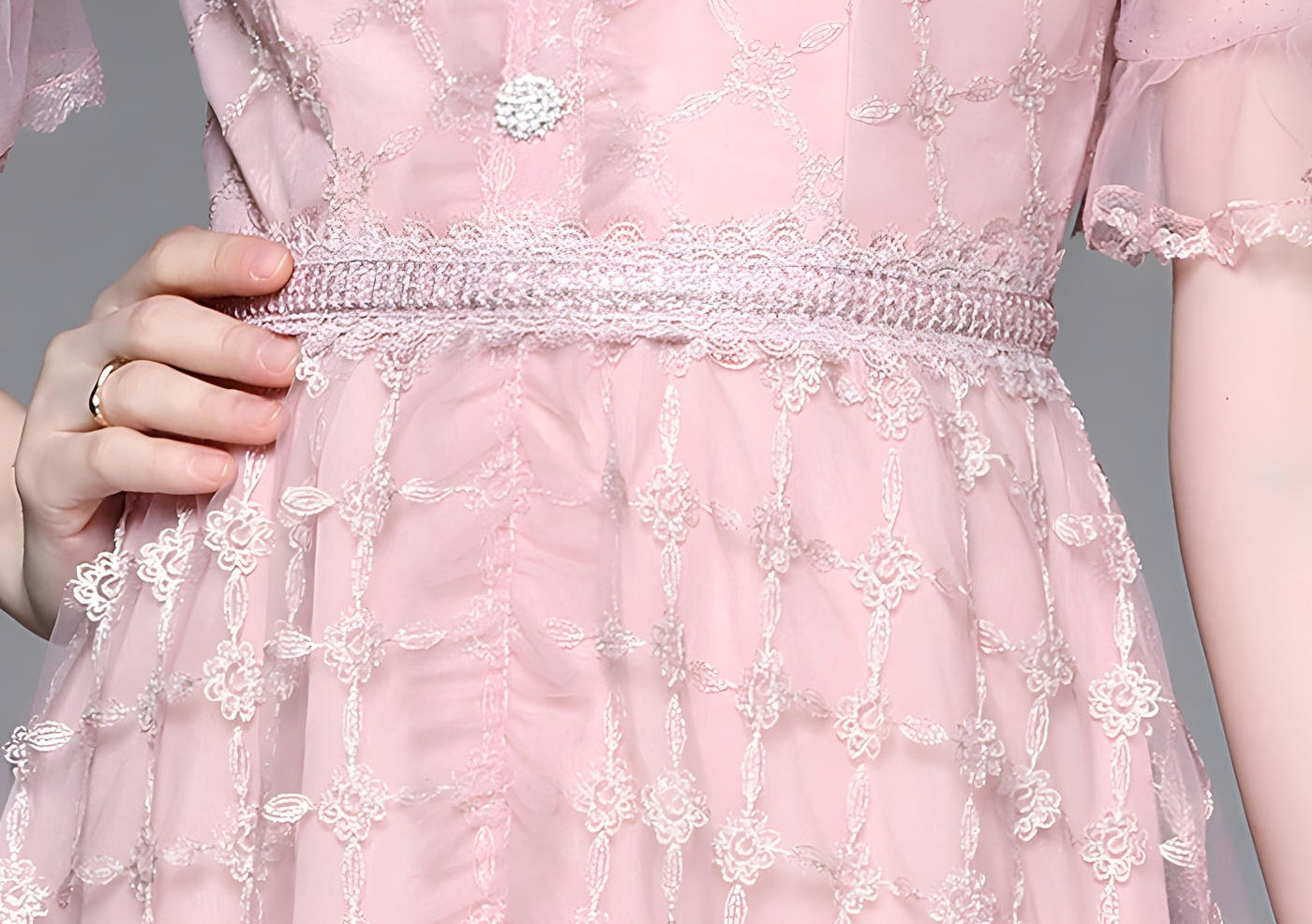 Embroidered Mesh Jewel Embellished Waistline and Neckline Pink Dress - 677222797190_BAS