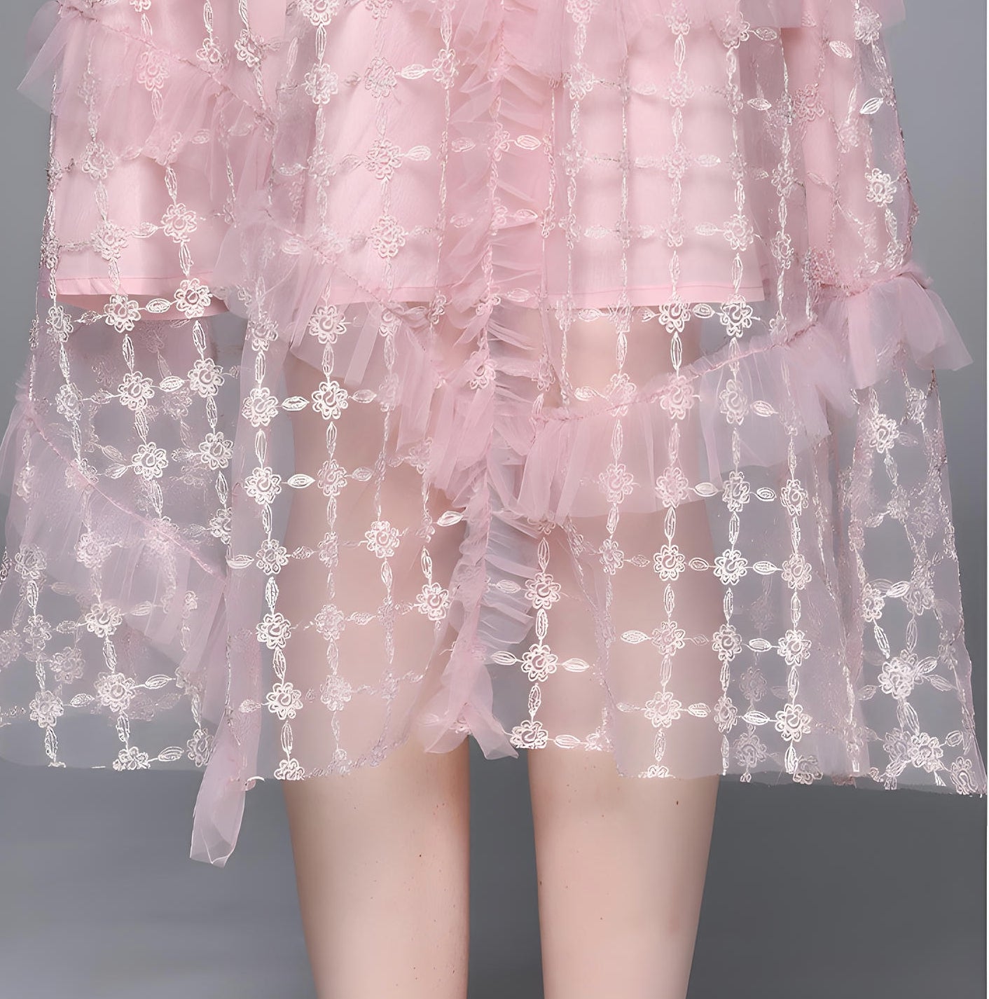 Embroidered Mesh Jewel Embellished Waistline and Neckline Pink Dress - 677222797190_BAS