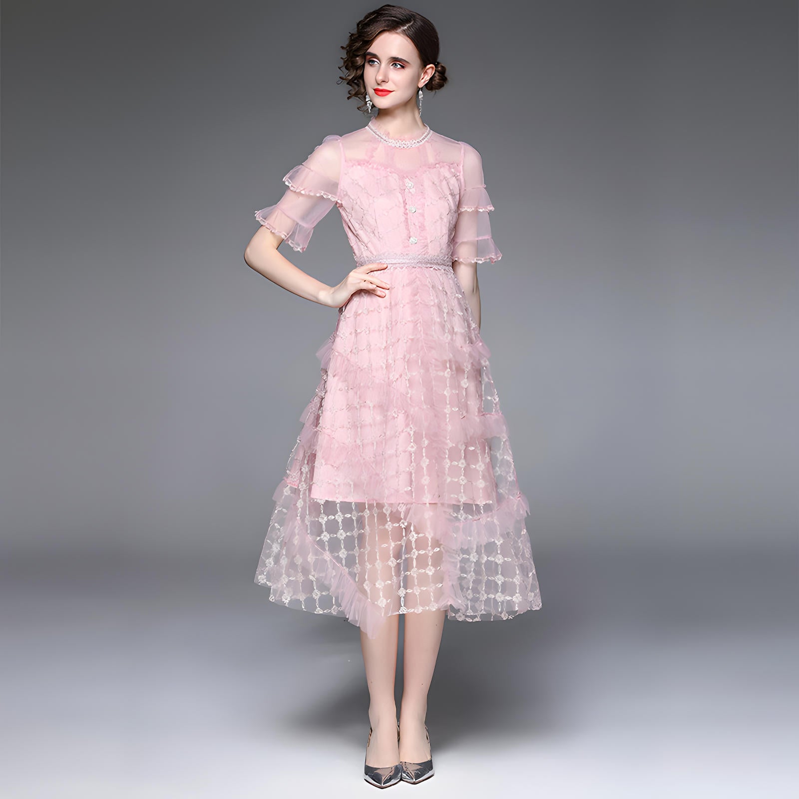 Embroidered Mesh Jewel Embellished Waistline and Neckline Pink Dress - 677222797190_BAS