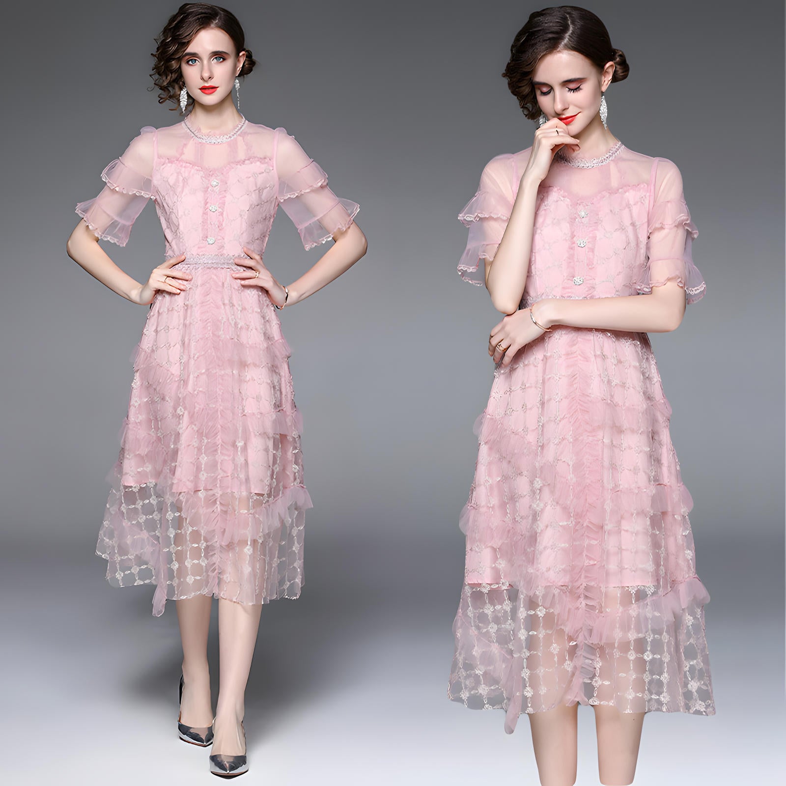 Embroidered Mesh Jewel Embellished Waistline and Neckline Pink Dress - 677222797190_BAS