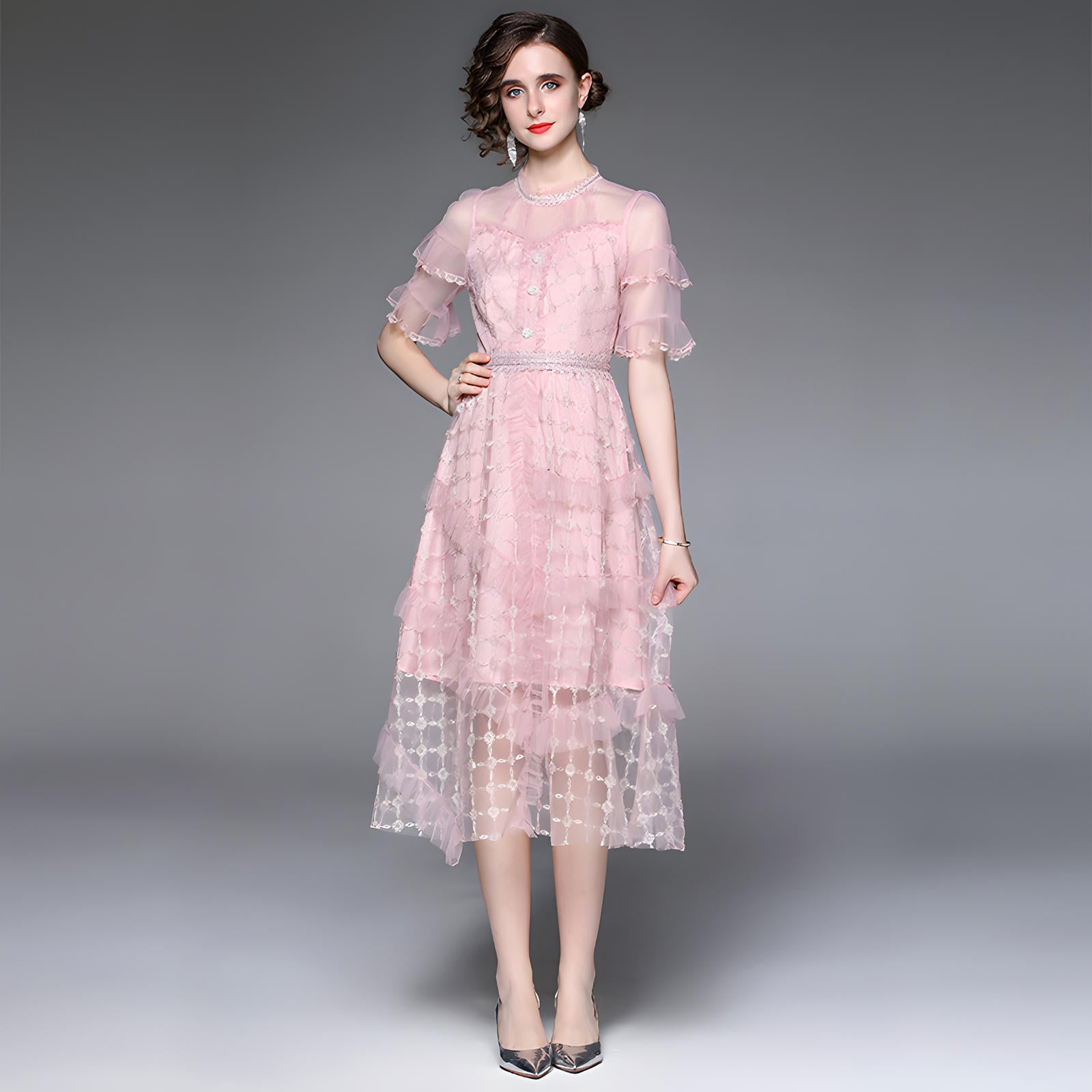 Embroidered Mesh Jewel Embellished Waistline and Neckline Pink Dress - 677222797190_BAS