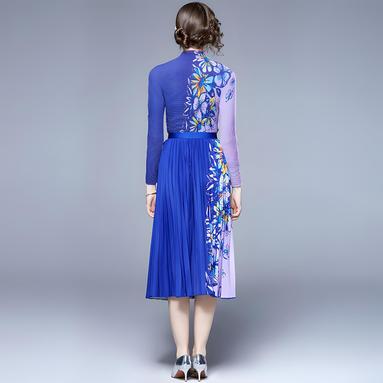 Purple Blue Floral Blossom Miyaki Fold Blouse Pleated Skirt Two Piece Chiffon Set - 682045992762_BAS