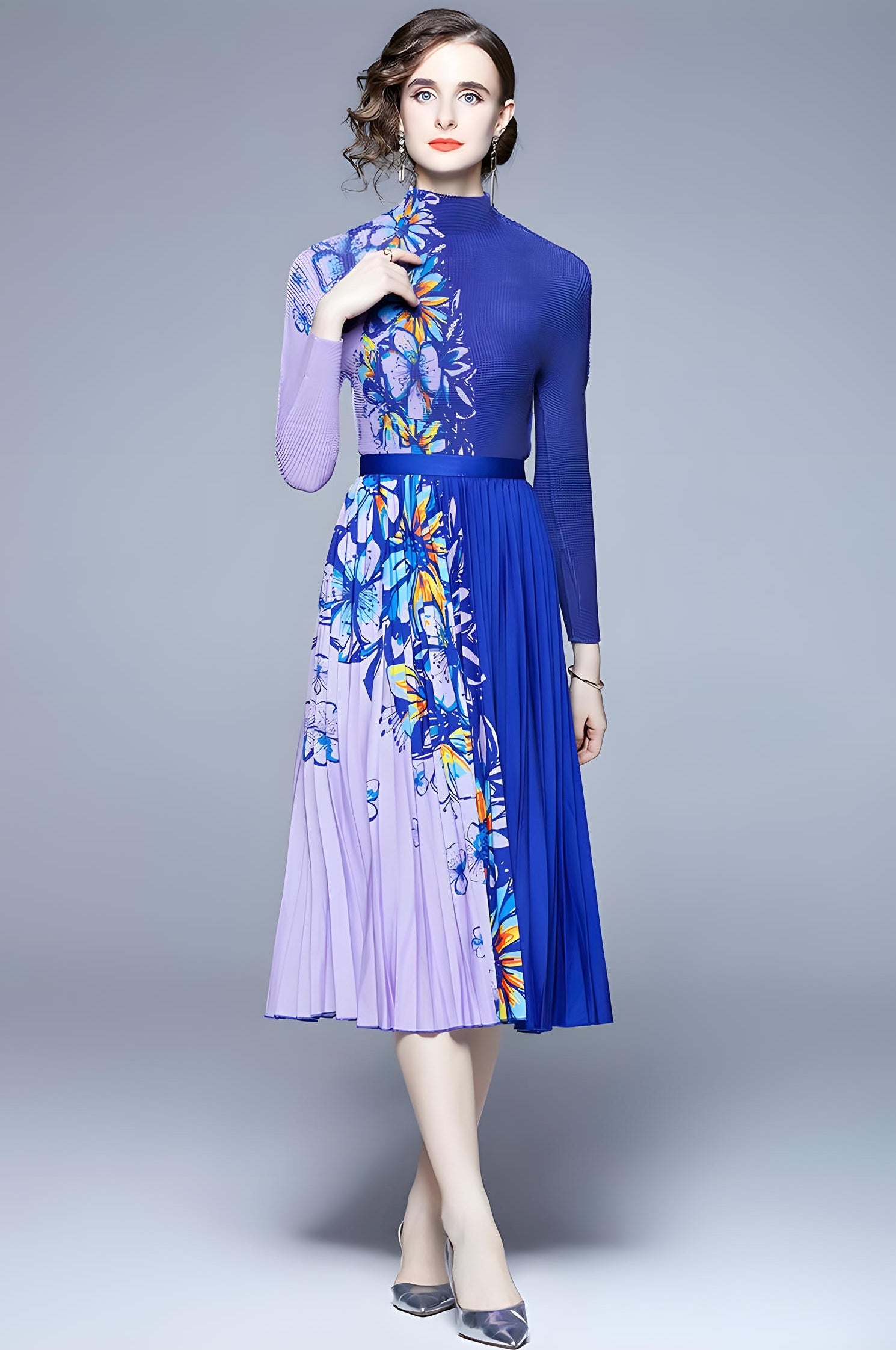 Purple Blue Floral Blossom Miyaki Fold Blouse Pleated Skirt Two Piece Chiffon Set - 682045992762_BAS