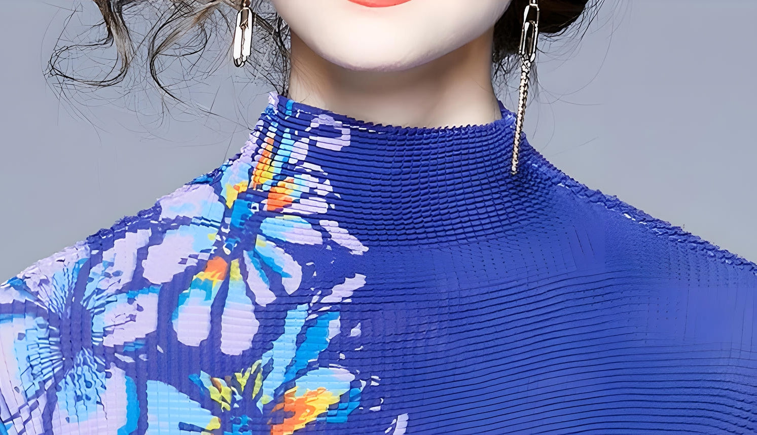 Purple Blue Floral Blossom Miyaki Fold Blouse Pleated Skirt Two Piece Chiffon Set - 682045992762_BAS