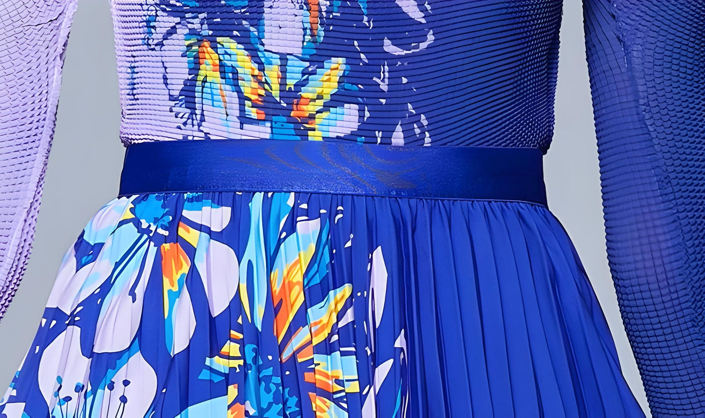 Purple Blue Floral Blossom Miyaki Fold Blouse Pleated Skirt Two Piece Chiffon Set - 682045992762_BAS