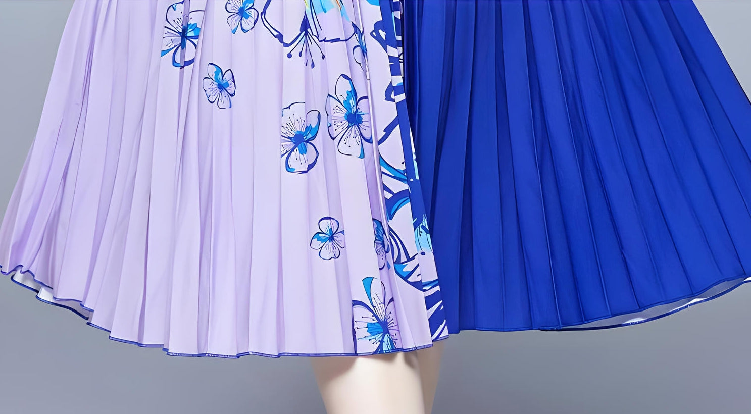 Purple Blue Floral Blossom Miyaki Fold Blouse Pleated Skirt Two Piece Chiffon Set - 682045992762_BAS