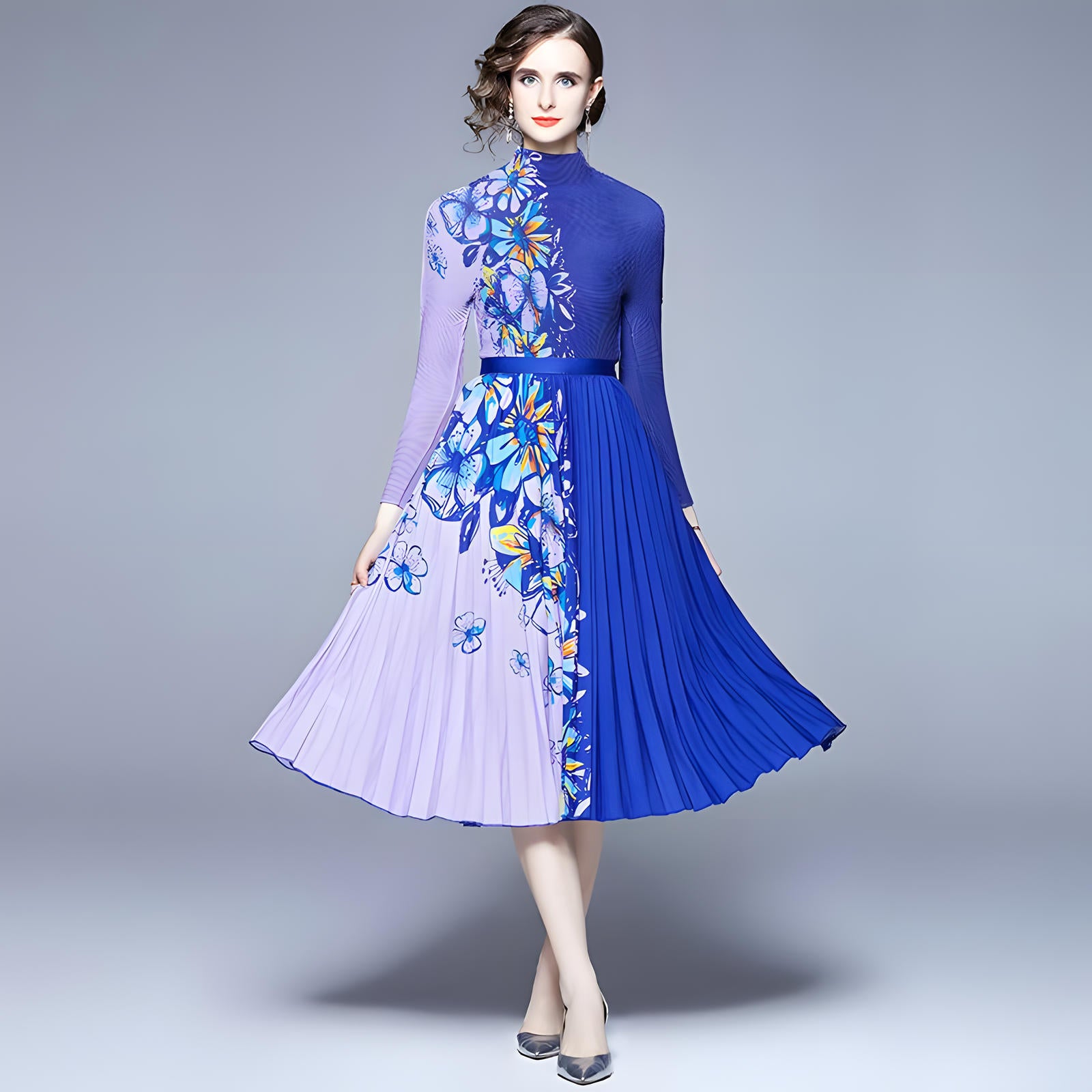 Purple Blue Floral Blossom Miyaki Fold Blouse Pleated Skirt Two Piece Chiffon Set - 682045992762_BAS