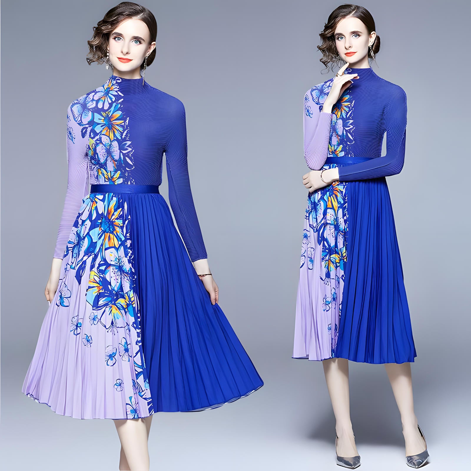 Purple Blue Floral Blossom Miyaki Fold Blouse Pleated Skirt Two Piece Chiffon Set - 682045992762_BAS