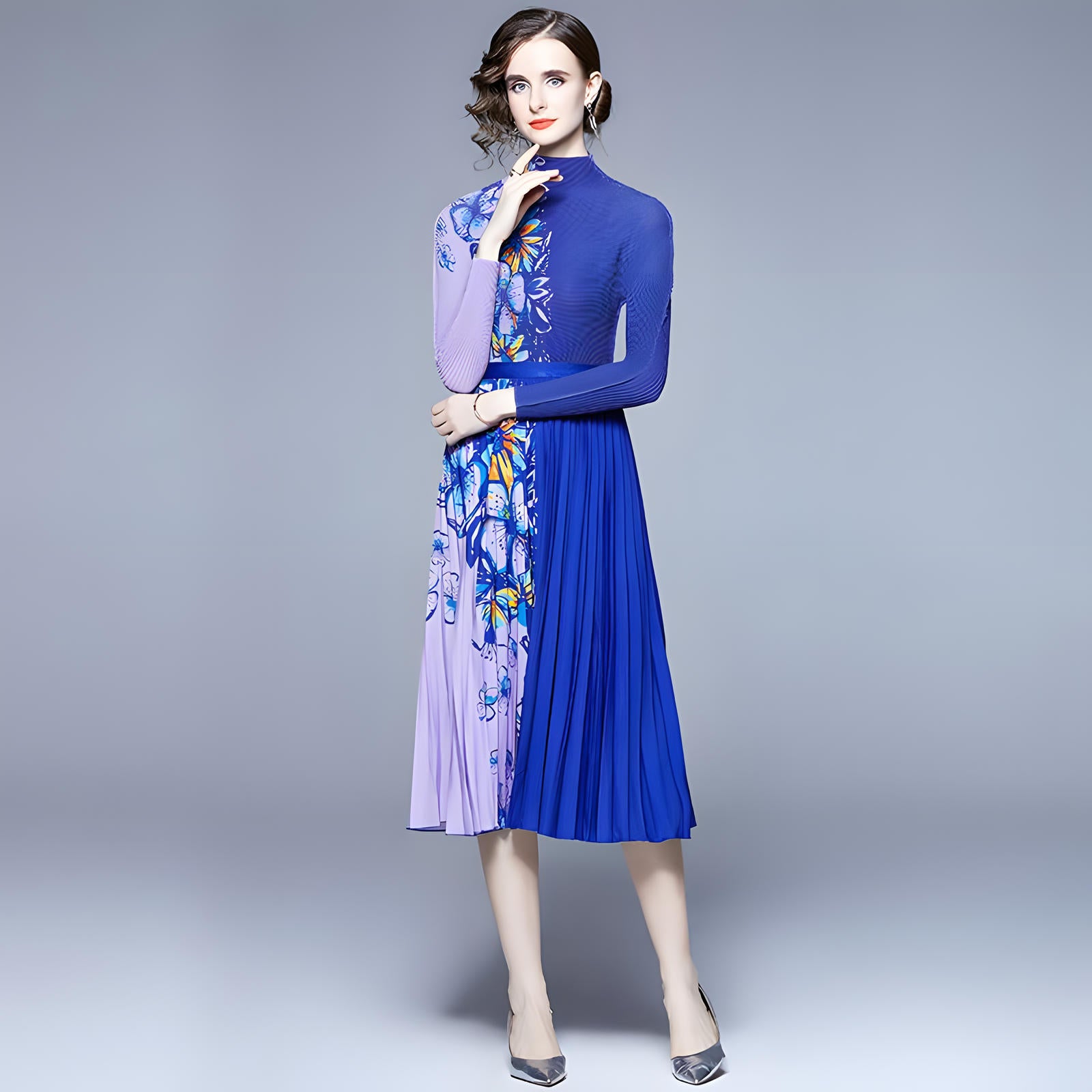 Purple Blue Floral Blossom Miyaki Fold Blouse Pleated Skirt Two Piece Chiffon Set - 682045992762_BAS