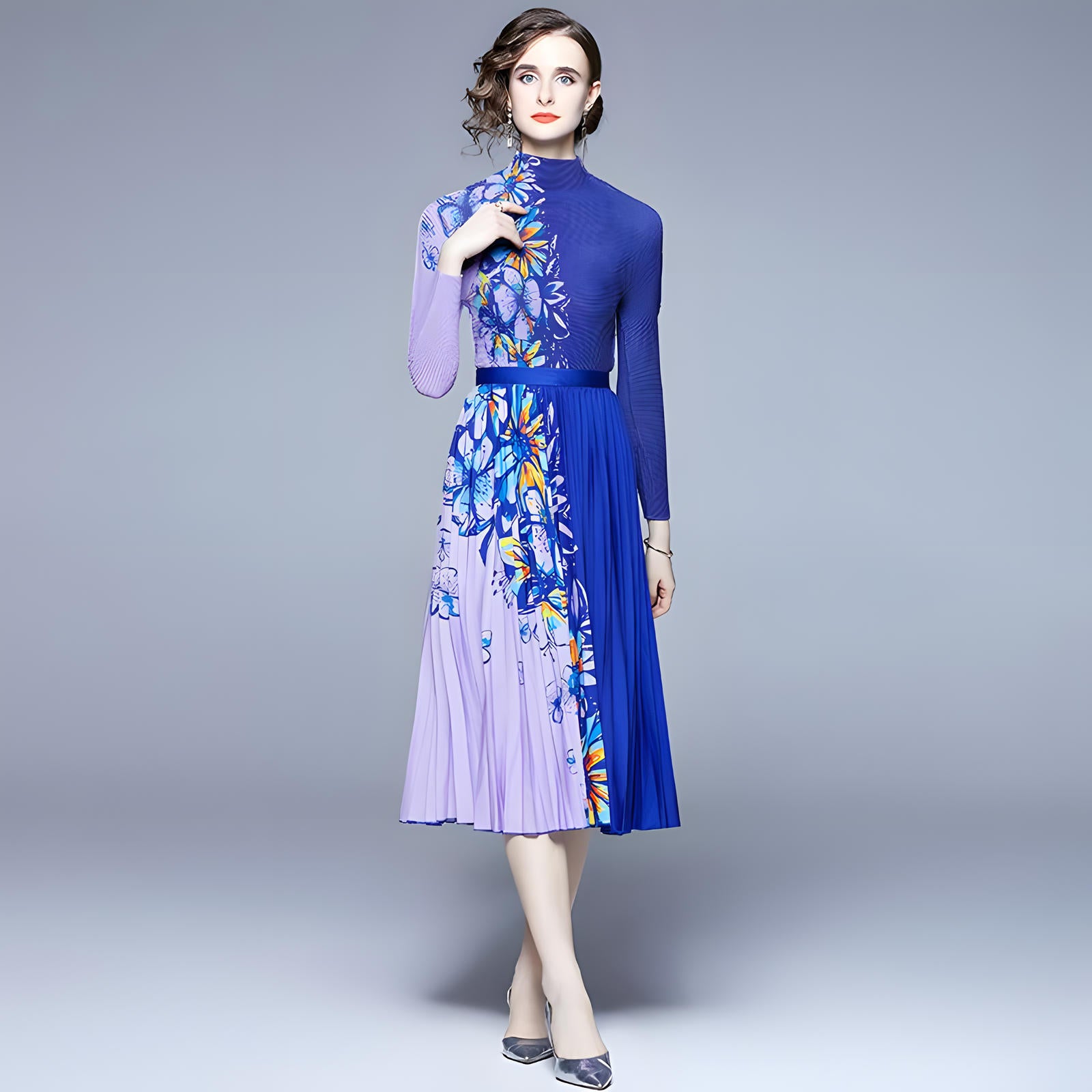 Purple Blue Floral Blossom Miyaki Fold Blouse Pleated Skirt Two Piece Chiffon Set - 682045992762_BAS