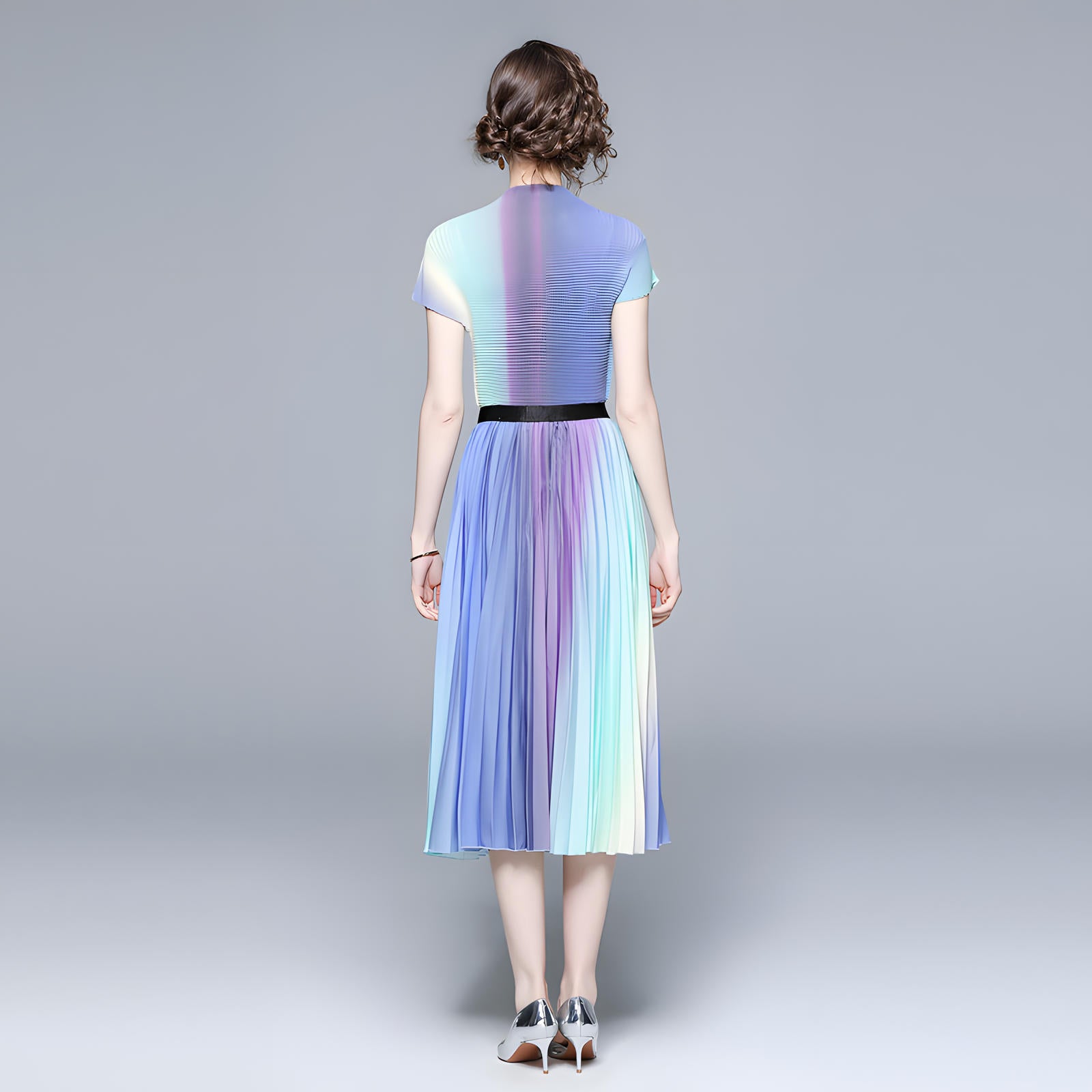 Radiant Horizon Miyaki Fold Blouse Pleated Skirt Two Piece Chiffon Set - 700762668720_BLU