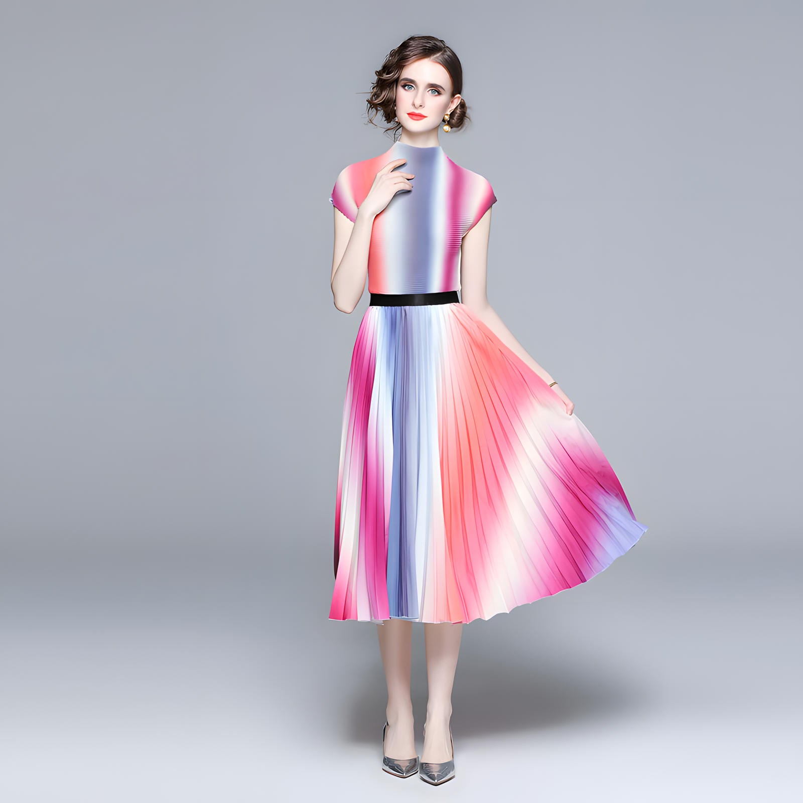 Radiant Horizon Miyaki Fold Blouse Pleated Skirt Two Piece Chiffon Set - 700762668720_PIN