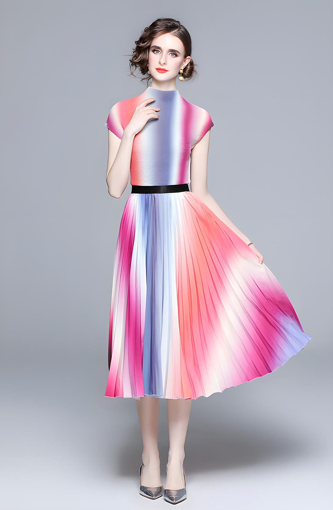 Radiant Horizon Miyaki Fold Blouse Pleated Skirt Two Piece Chiffon Set - 700762668720_PIN