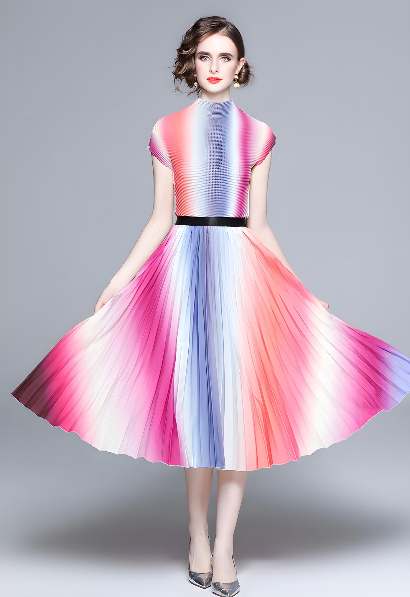 Radiant Horizon Miyaki Fold Blouse Pleated Skirt Two Piece Chiffon Set - 700762668720_PIN