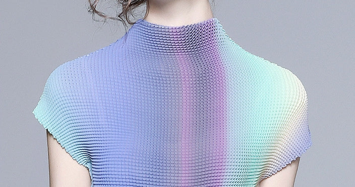 Radiant Horizon Miyaki Fold Blouse Pleated Skirt Two Piece Chiffon Set - 700762668720_BLU