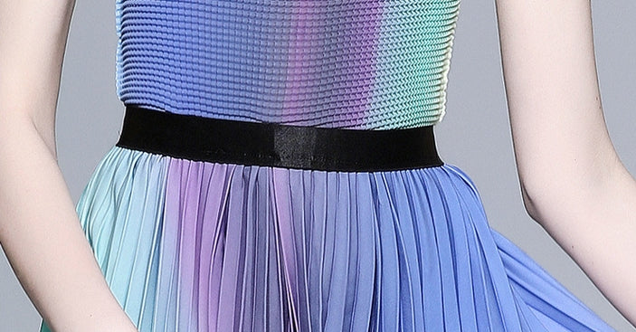 Radiant Horizon Miyaki Fold Blouse Pleated Skirt Two Piece Chiffon Set - 700762668720_BLU