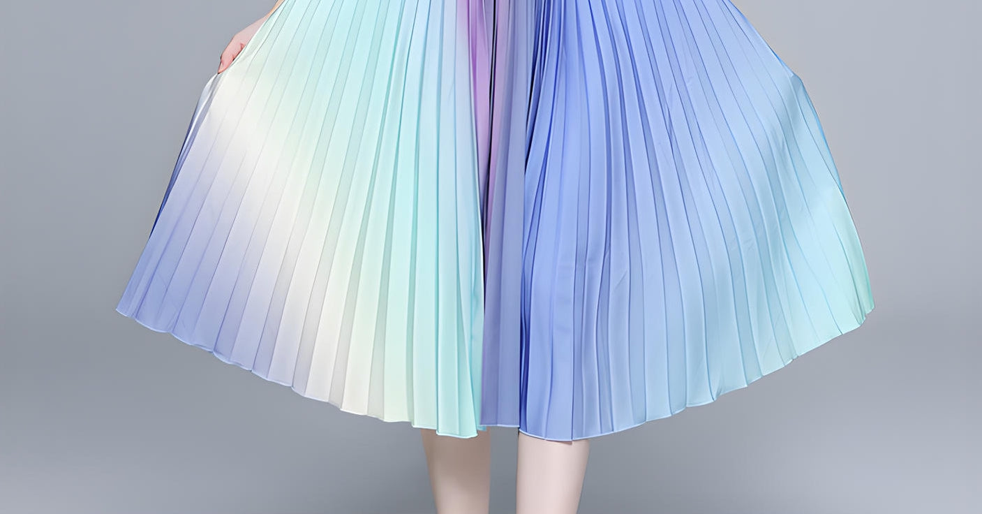 Radiant Horizon Miyaki Fold Blouse Pleated Skirt Two Piece Chiffon Set - 700762668720_BLU