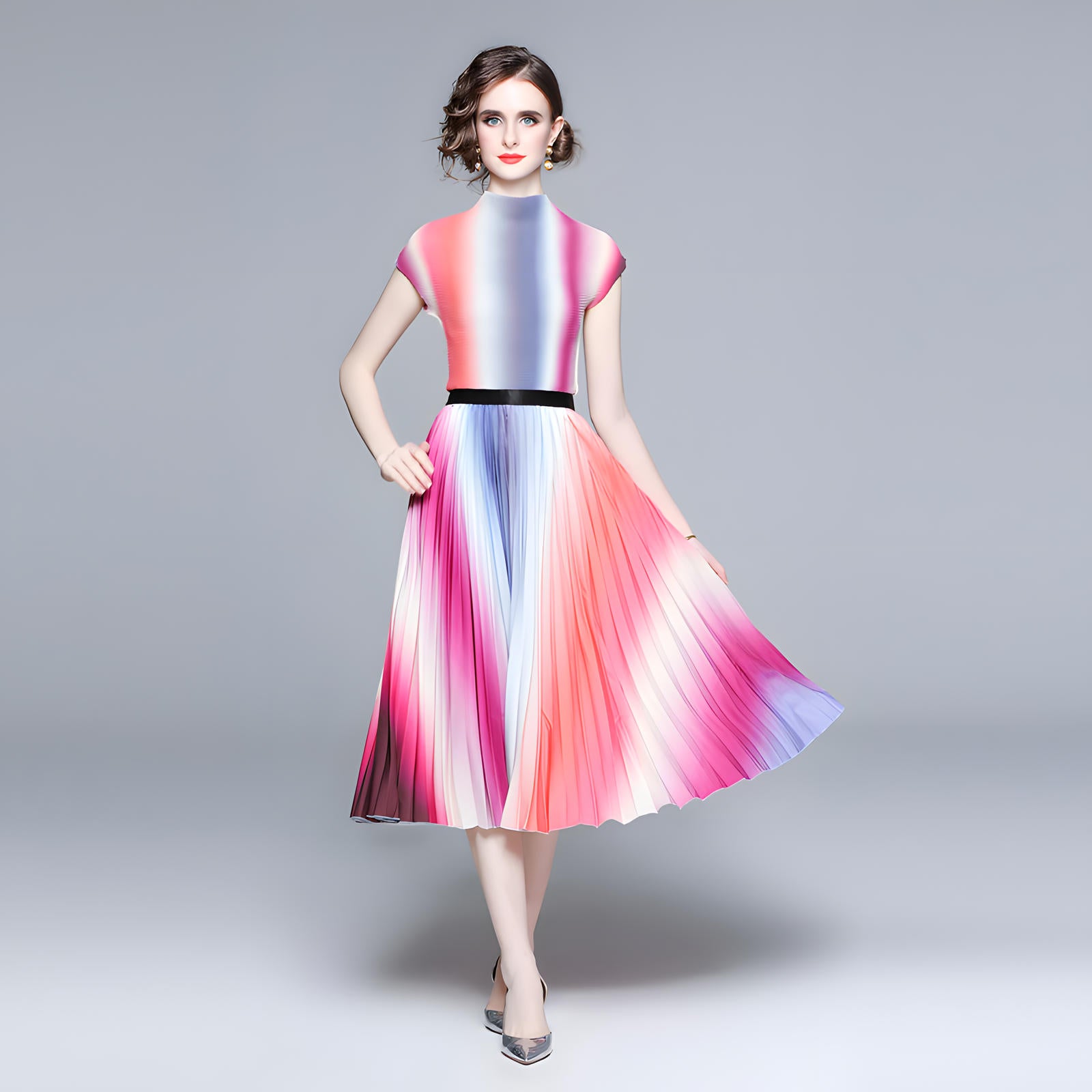 Radiant Horizon Miyaki Fold Blouse Pleated Skirt Two Piece Chiffon Set - 700762668720_PIN