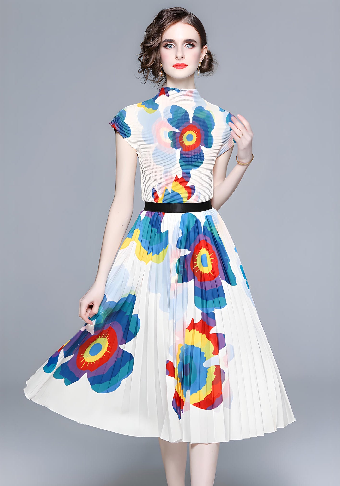 Floral Blossom Miyaki Fold Blouse Pleated Skirt Two Piece Chiffon Set - 701567411301_BAS